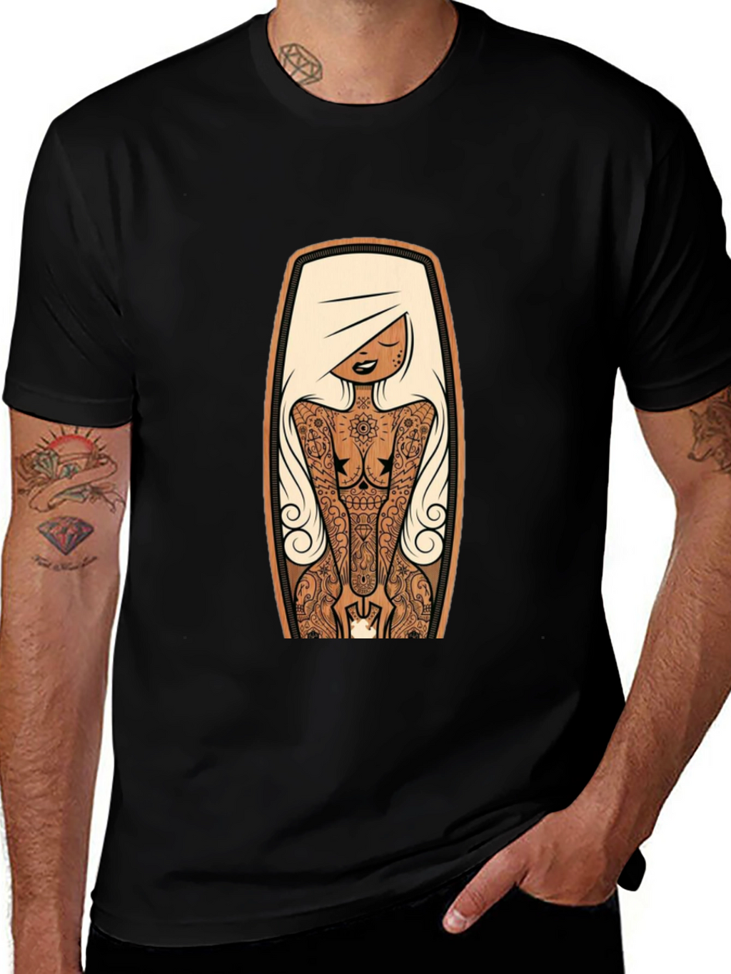 Tattooed Lady Graphic Tee - Black Crew Neck