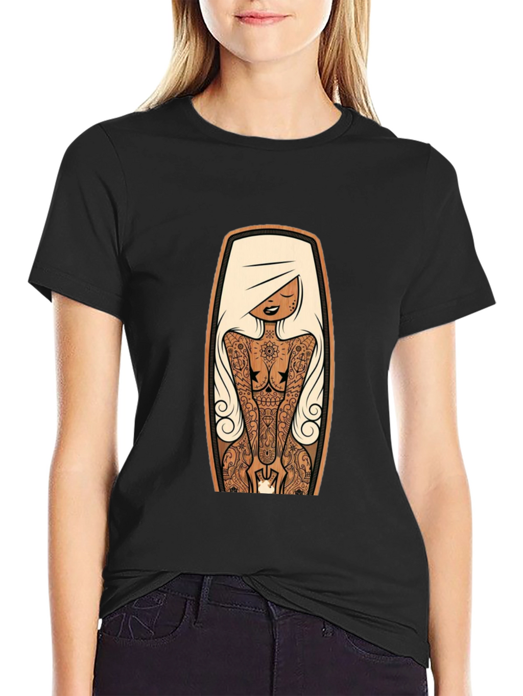 Tattooed Lady Graphic Tee - Black Crew Neck