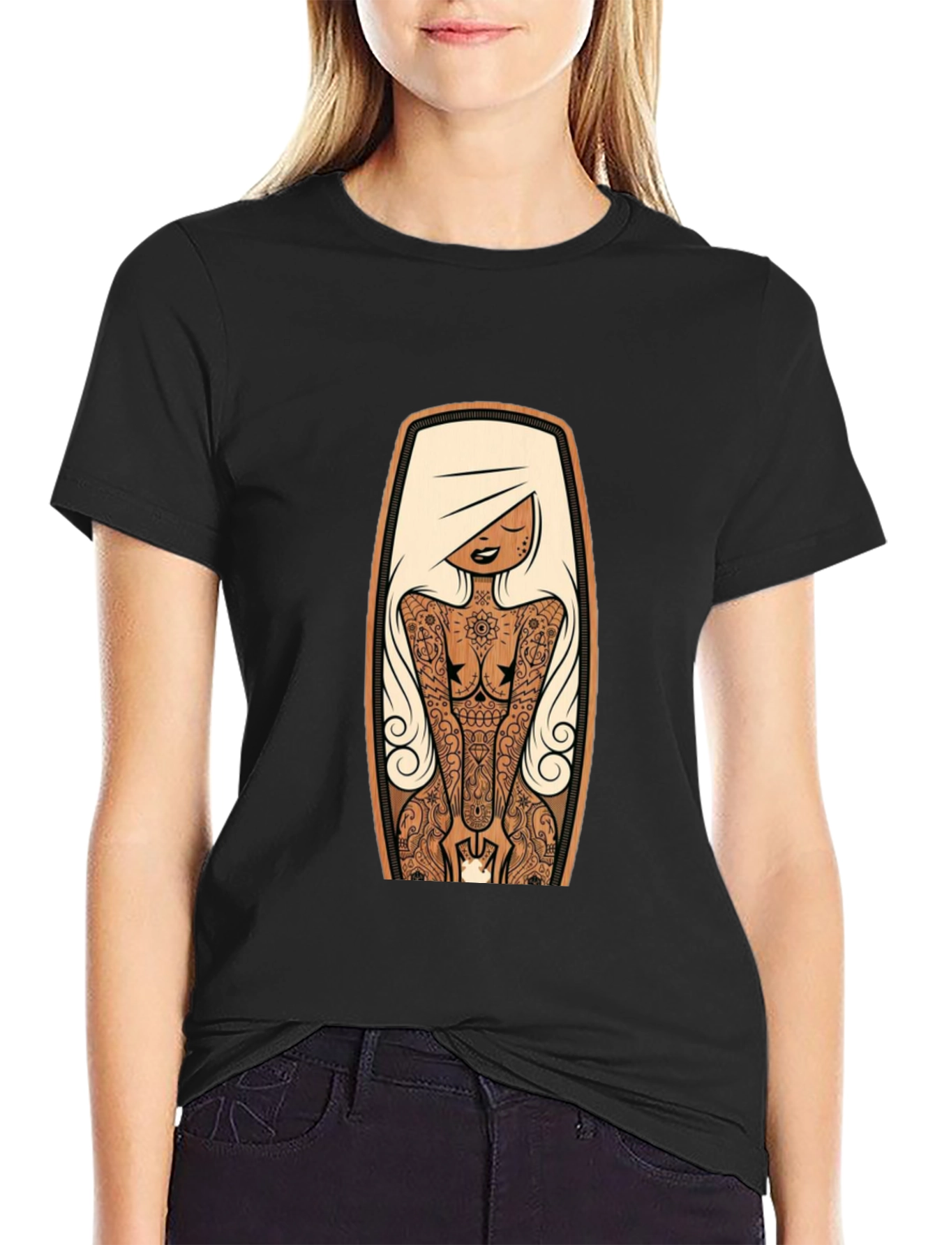 Tattooed Lady Graphic Tee - Black Crew Neck