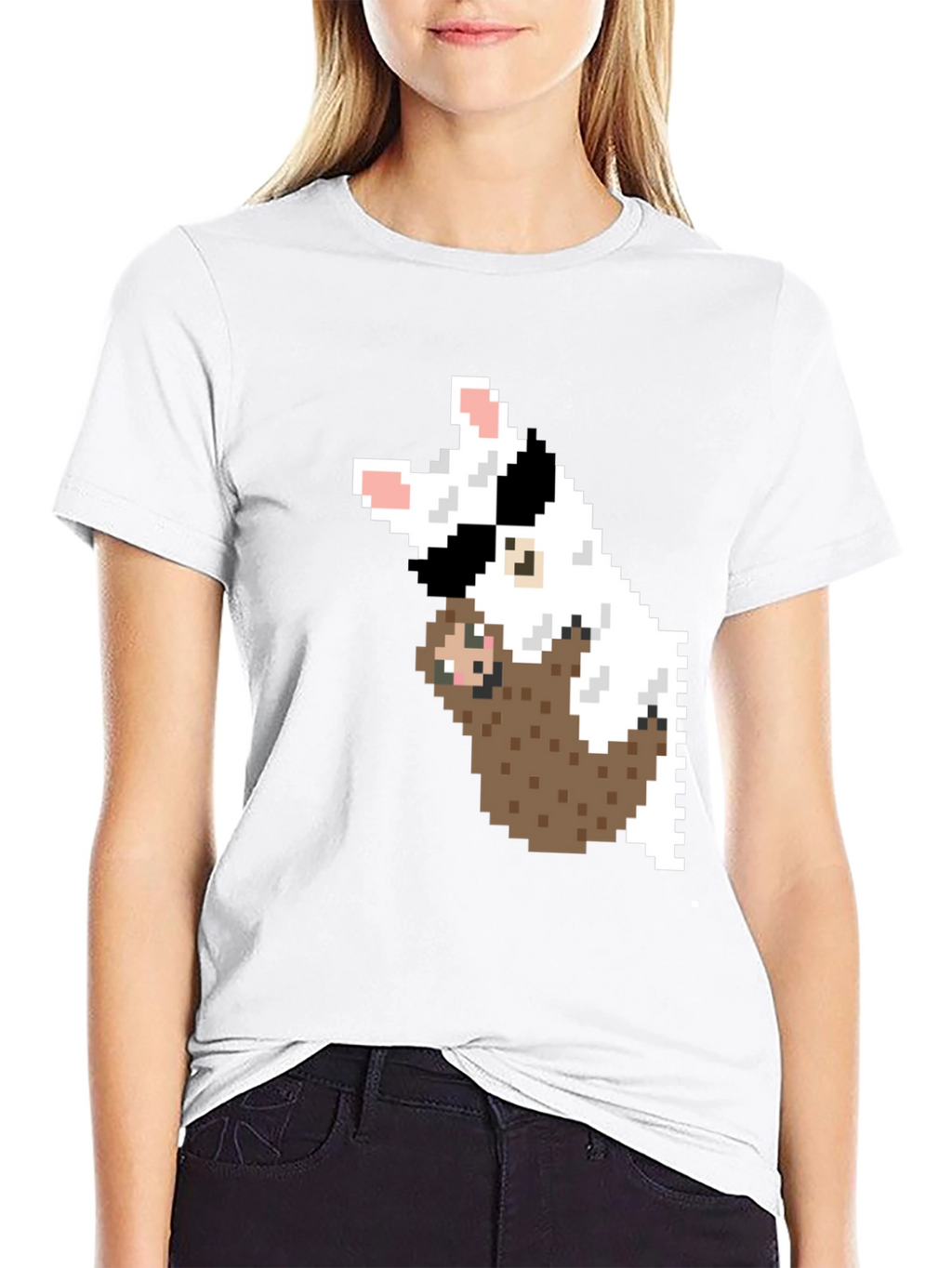 Pixel Art Sloth & Dog Graphic T-Shirt