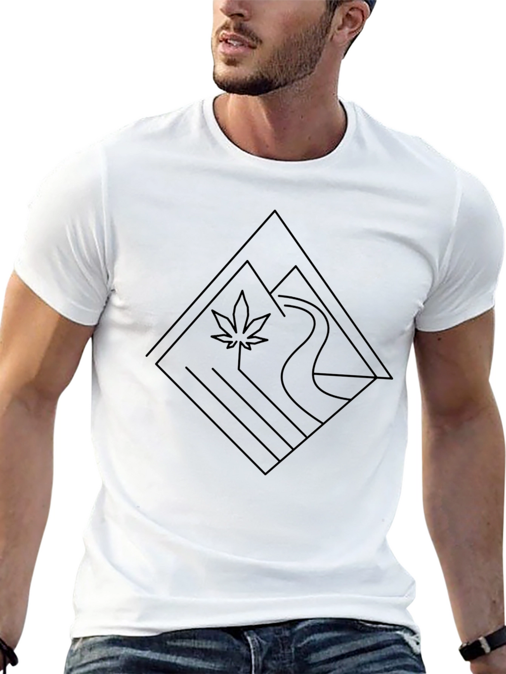 Modern Geometric River & Leaf Black T-Shirt