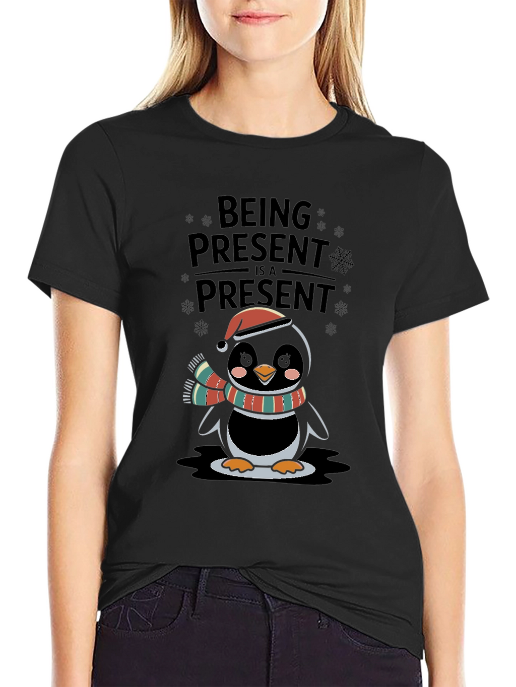 Festive Penguin Being Present Graphic Tee