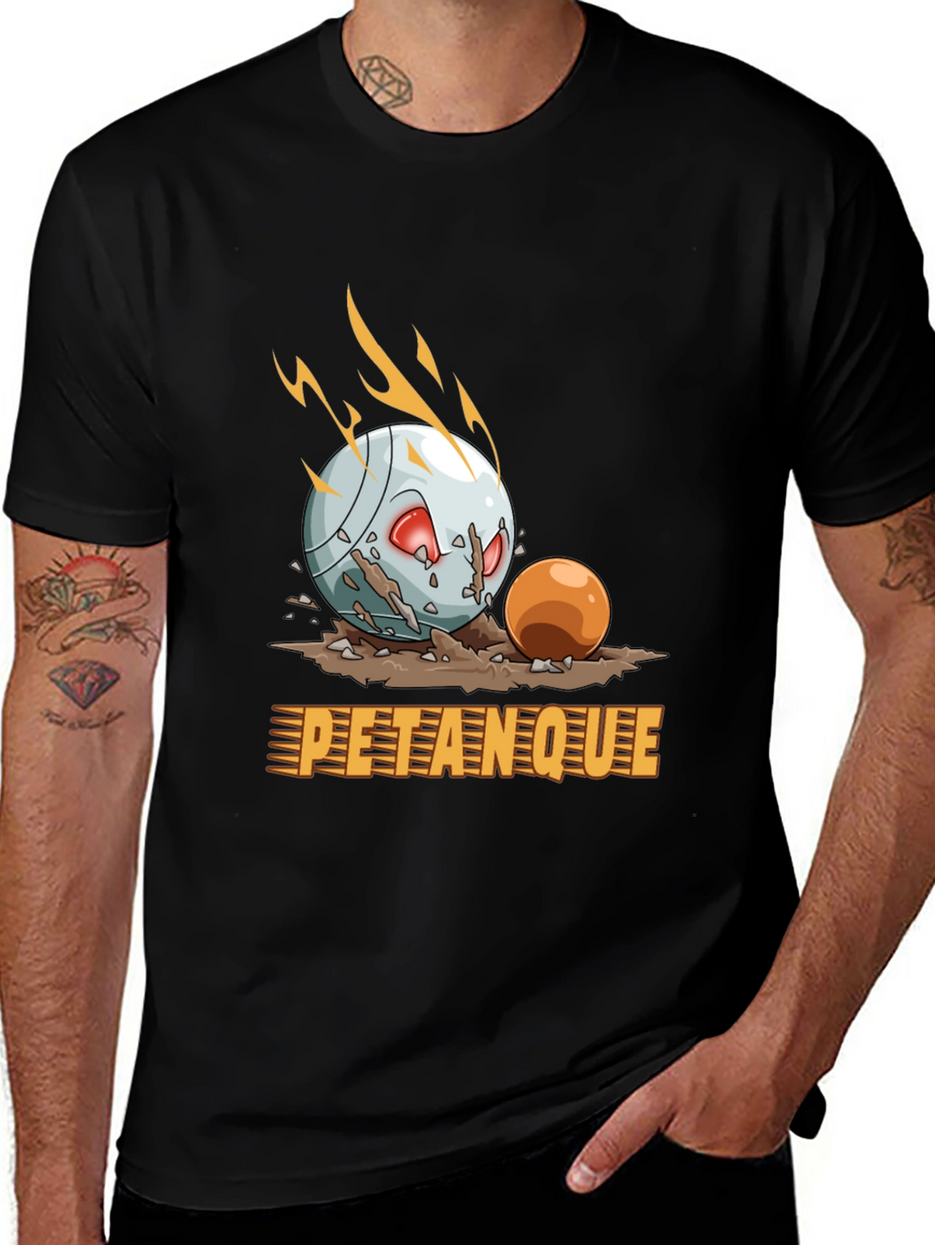 Petanque Cartoon Graphic Tee - Black Cotton T-Shirt