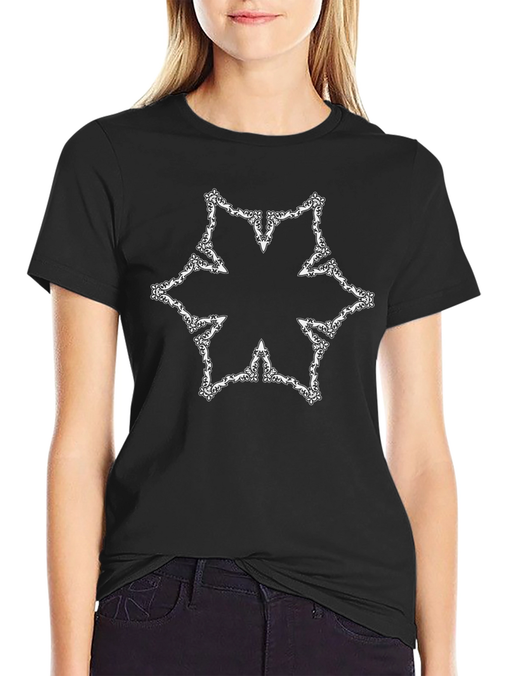 Ornate Snowflake Graphic Tee - Black Cotton Blend