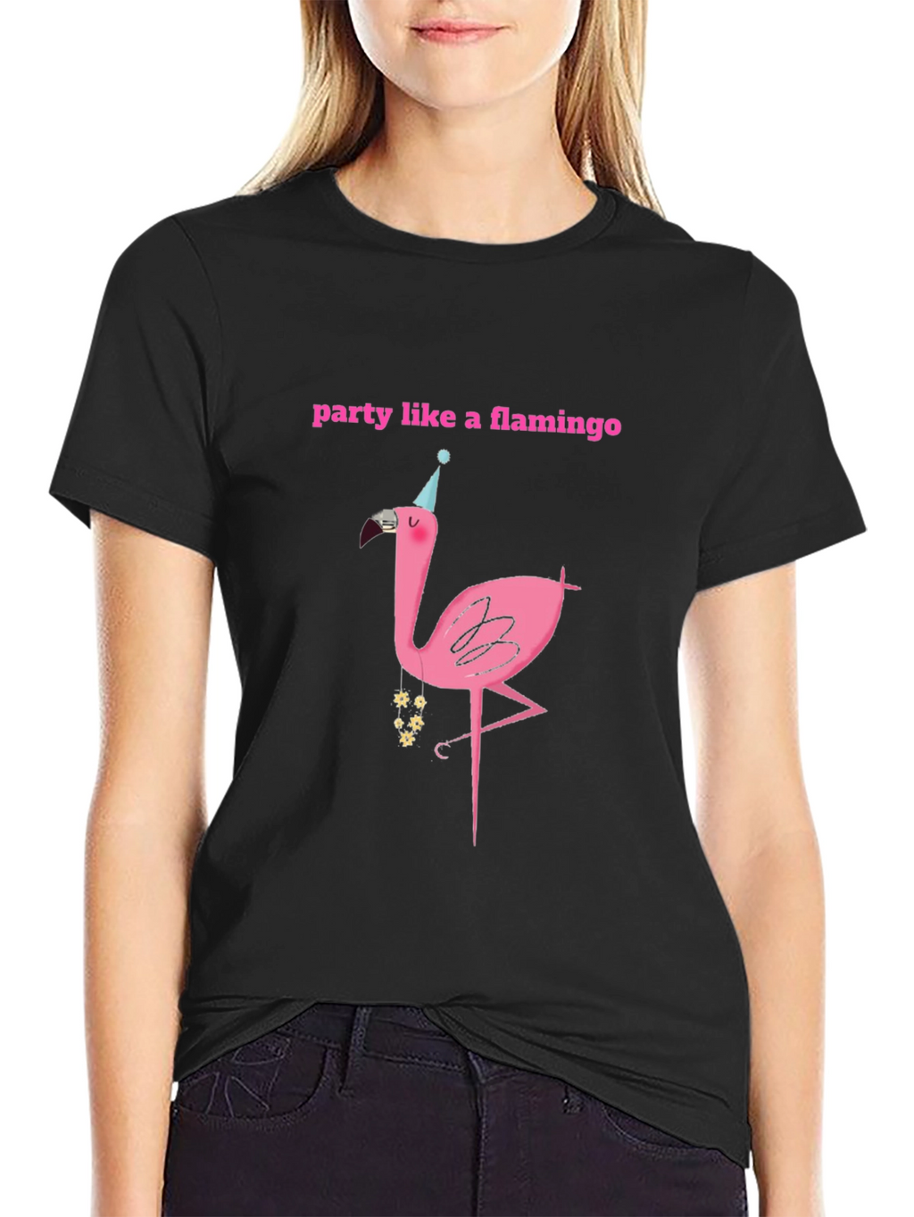 Party Flamingo Graphic Tee - Black Cotton T-Shirt