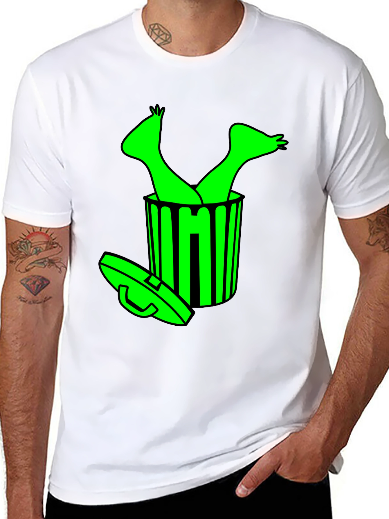 Humorous Black T-Shirt with Alien in Trash Graphic