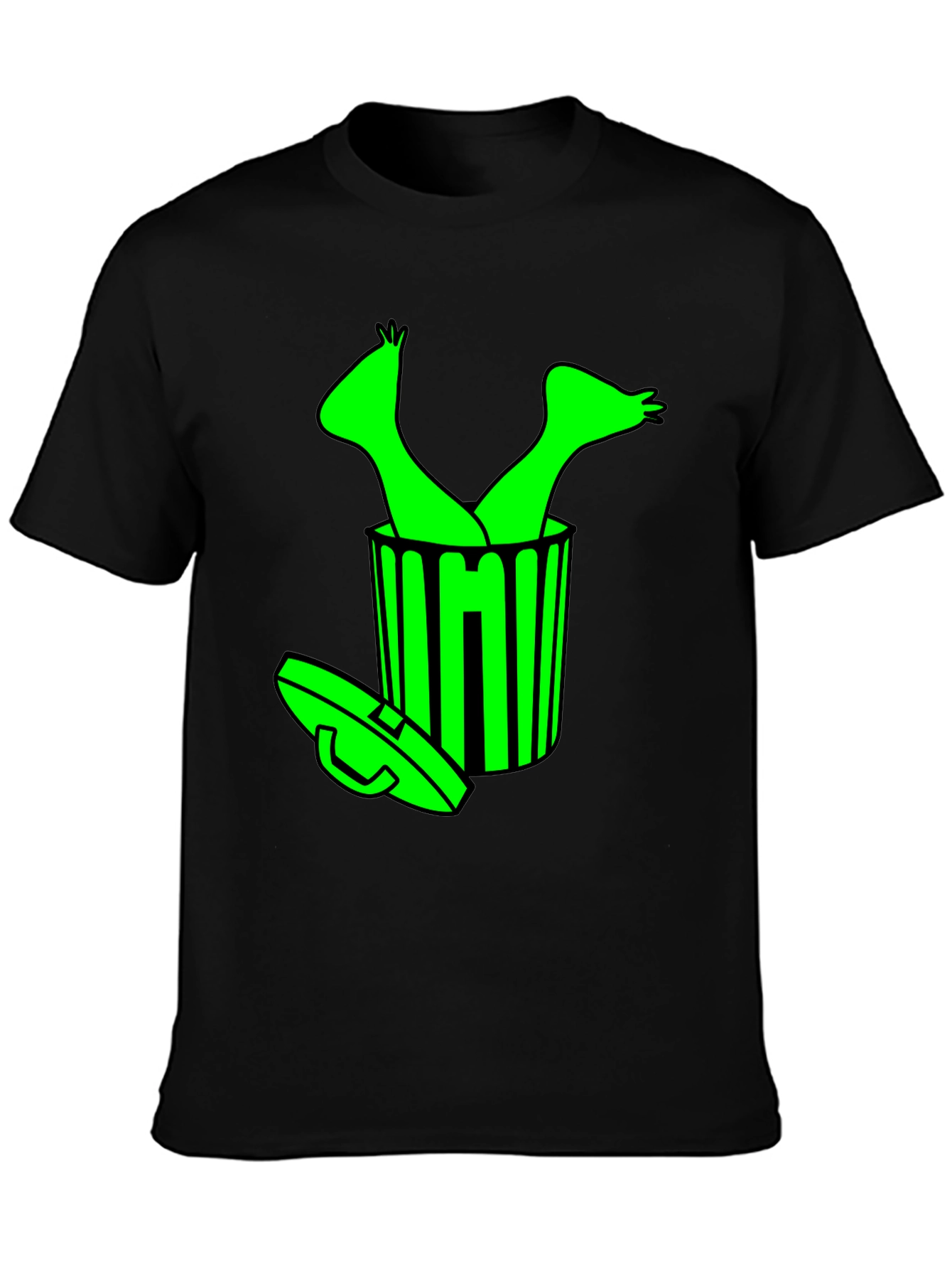 Humorous Black T-Shirt with Alien in Trash Graphic