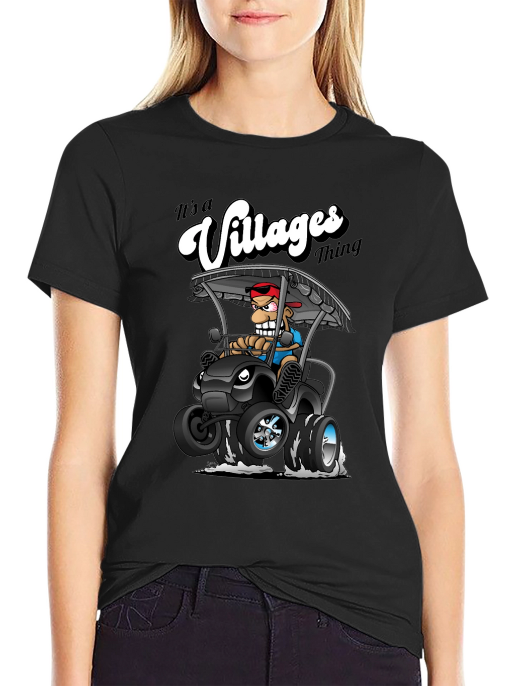Villages Thing Cartoon Golf Cart Black T-Shirt
