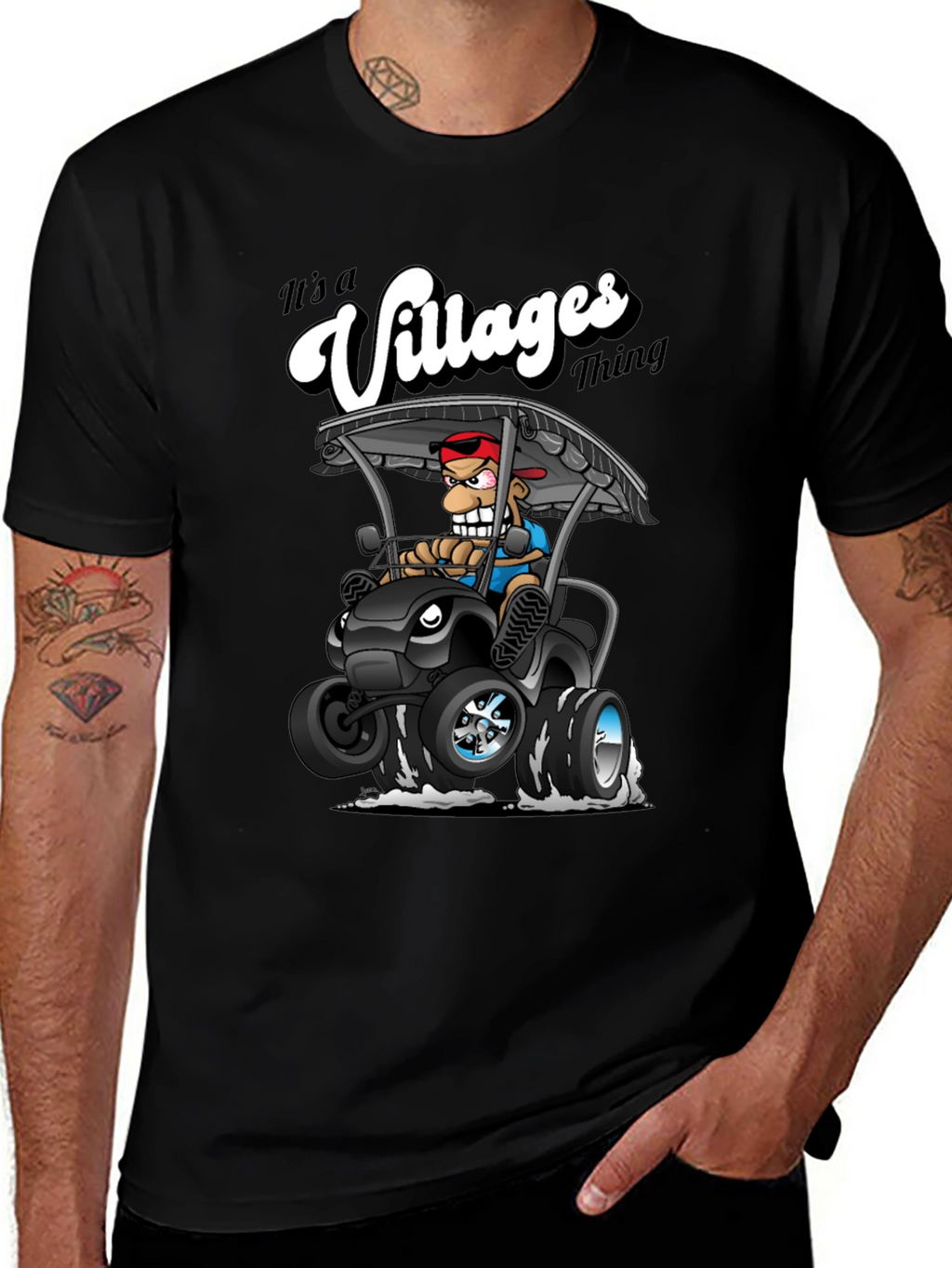 Villages Thing Cartoon Golf Cart Black T-Shirt