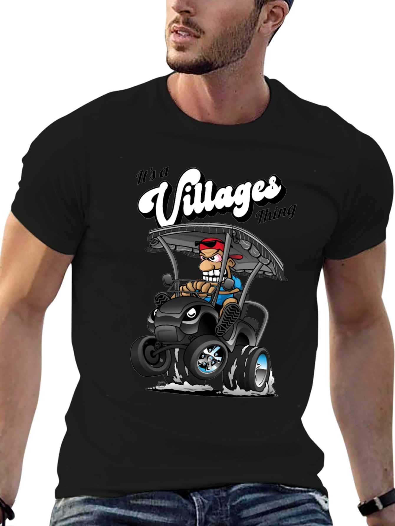 Villages Thing Cartoon Golf Cart Black T-Shirt
