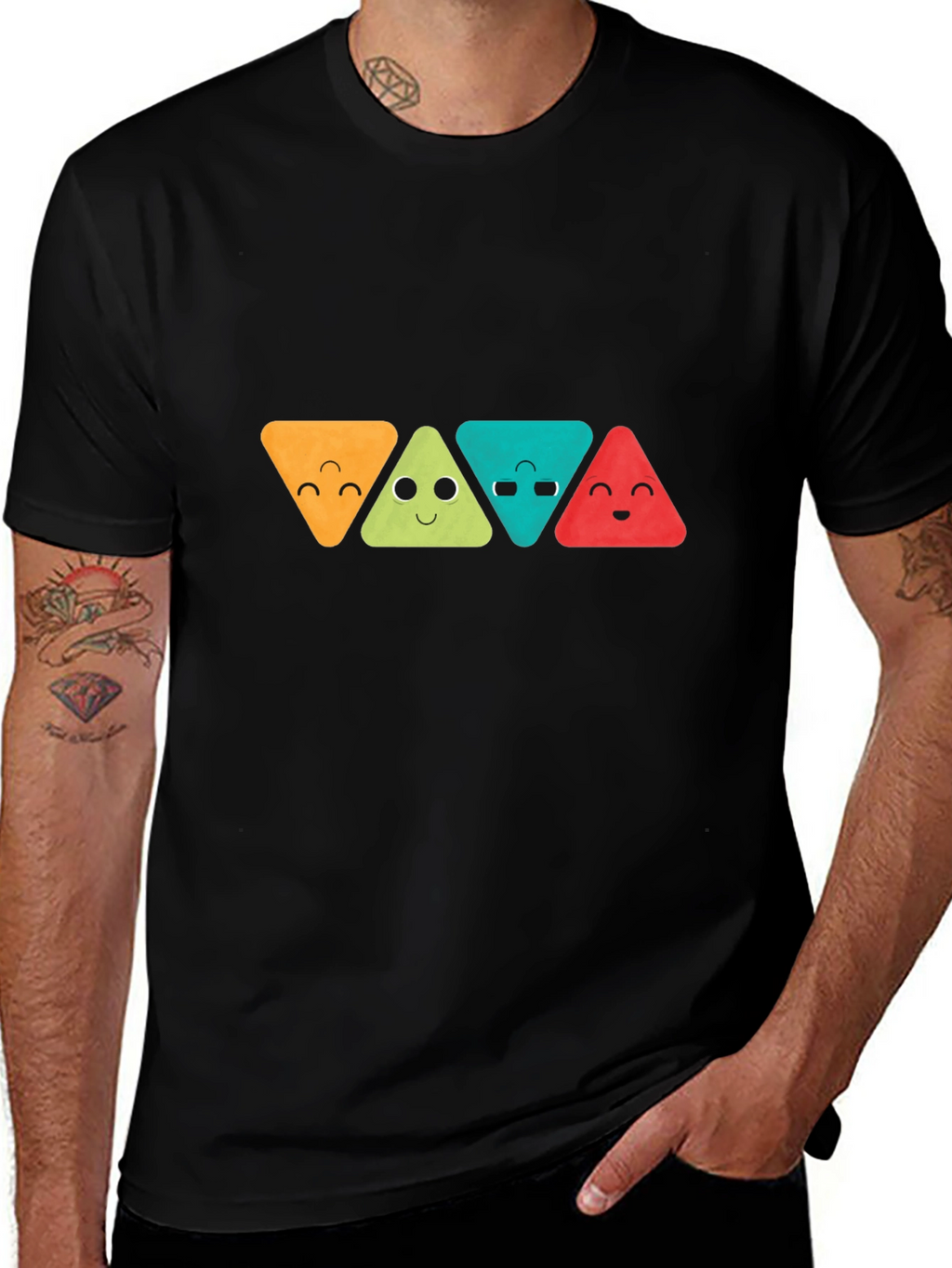 Funny Triangle Faces Graphic Black T-Shirt