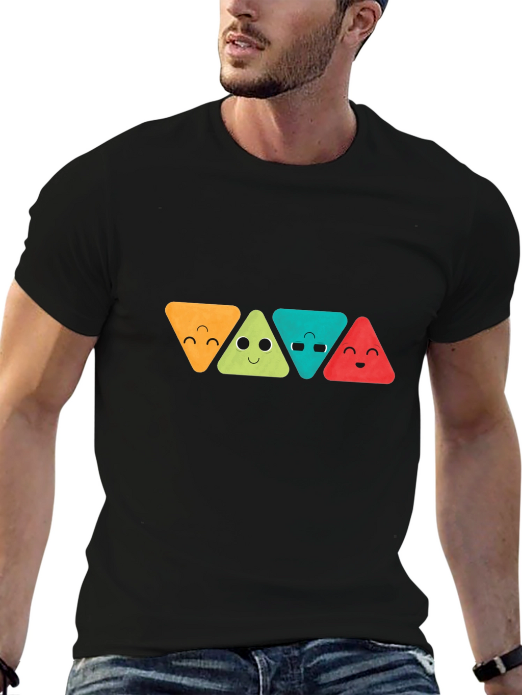 Funny Triangle Faces Graphic Black T-Shirt