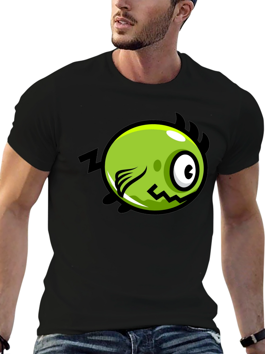 Funky Green Monster Graphic Print Black T-Shirt