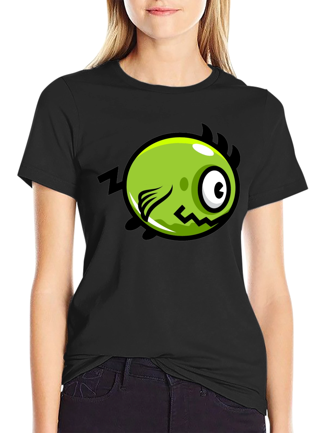 Funky Green Monster Graphic Print Black T-Shirt