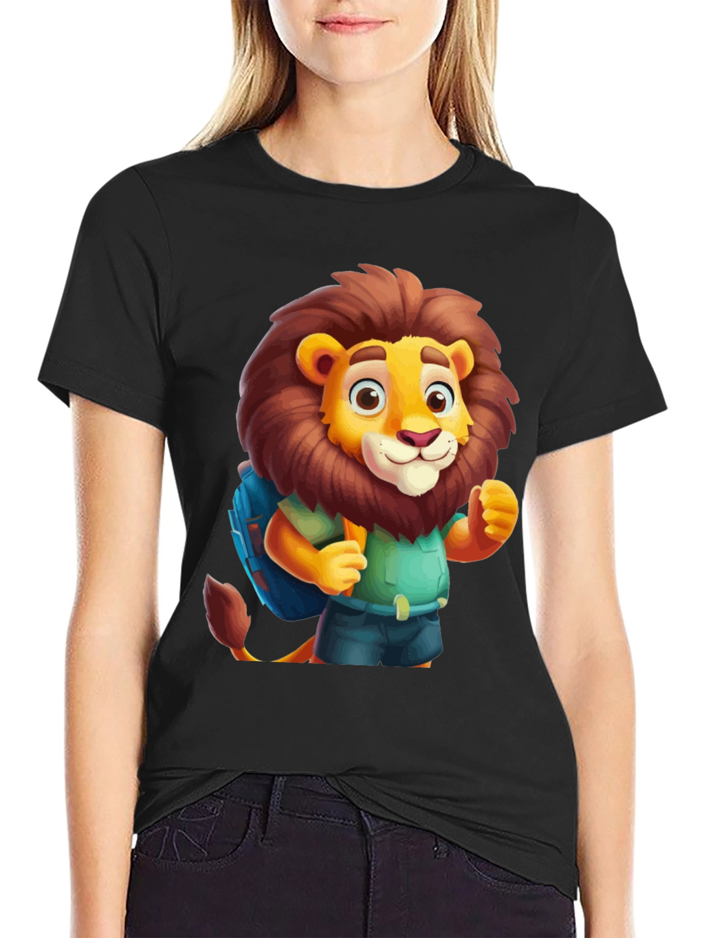 Cartoon Lion Tourist Black T-Shirt
