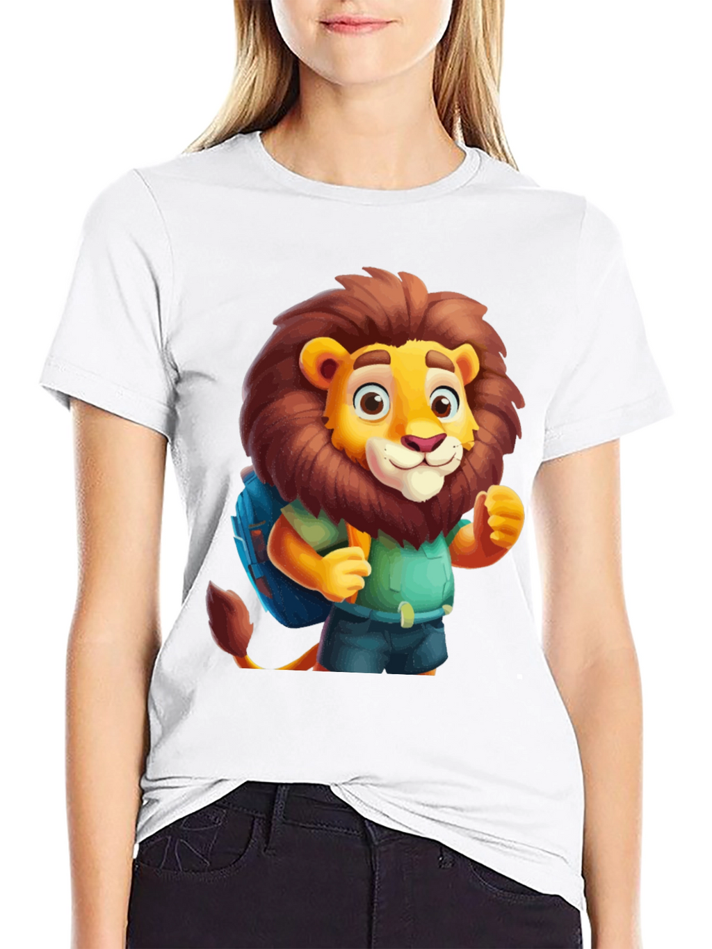 Cartoon Lion Tourist Black T-Shirt