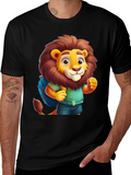 Cartoon Lion Tourist Black T-Shirt