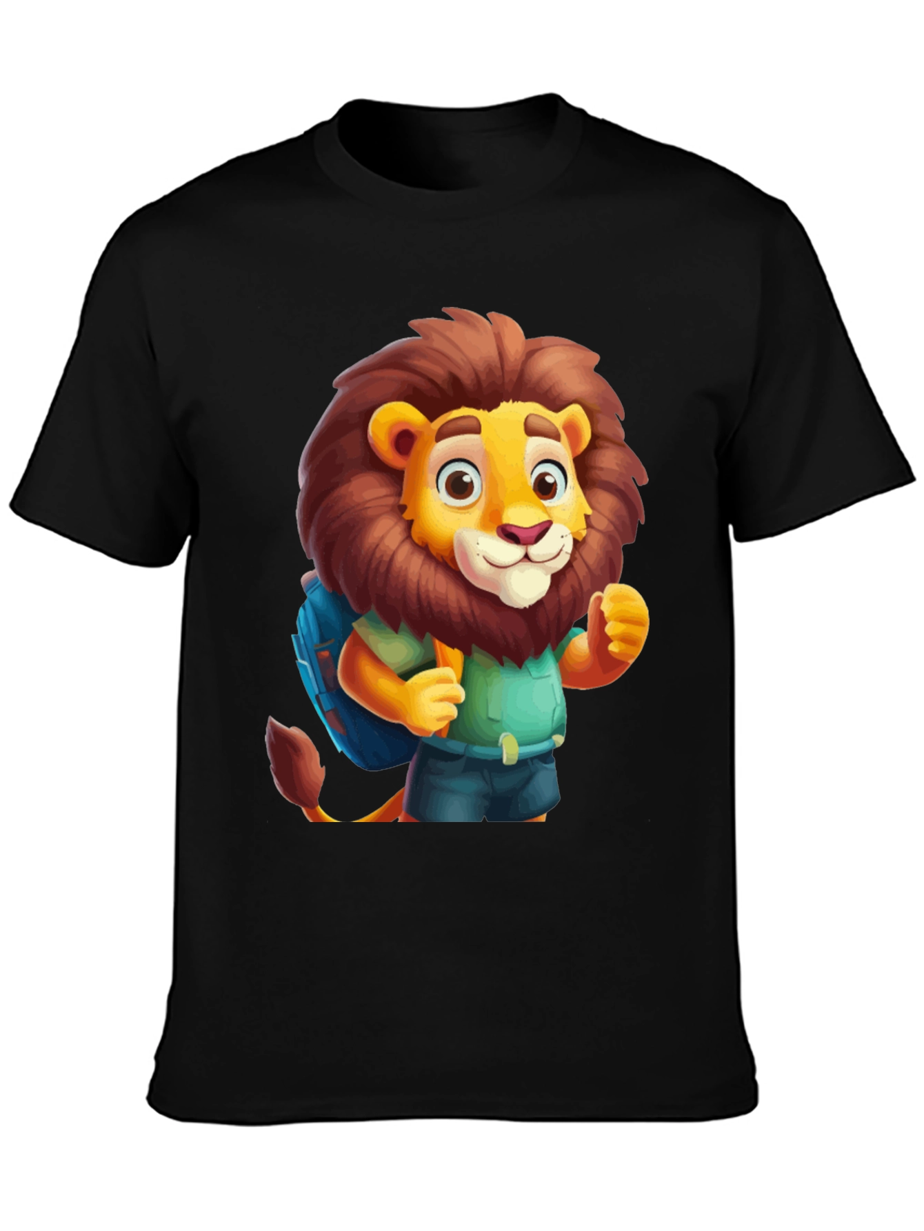 Cartoon Lion Tourist Black T-Shirt