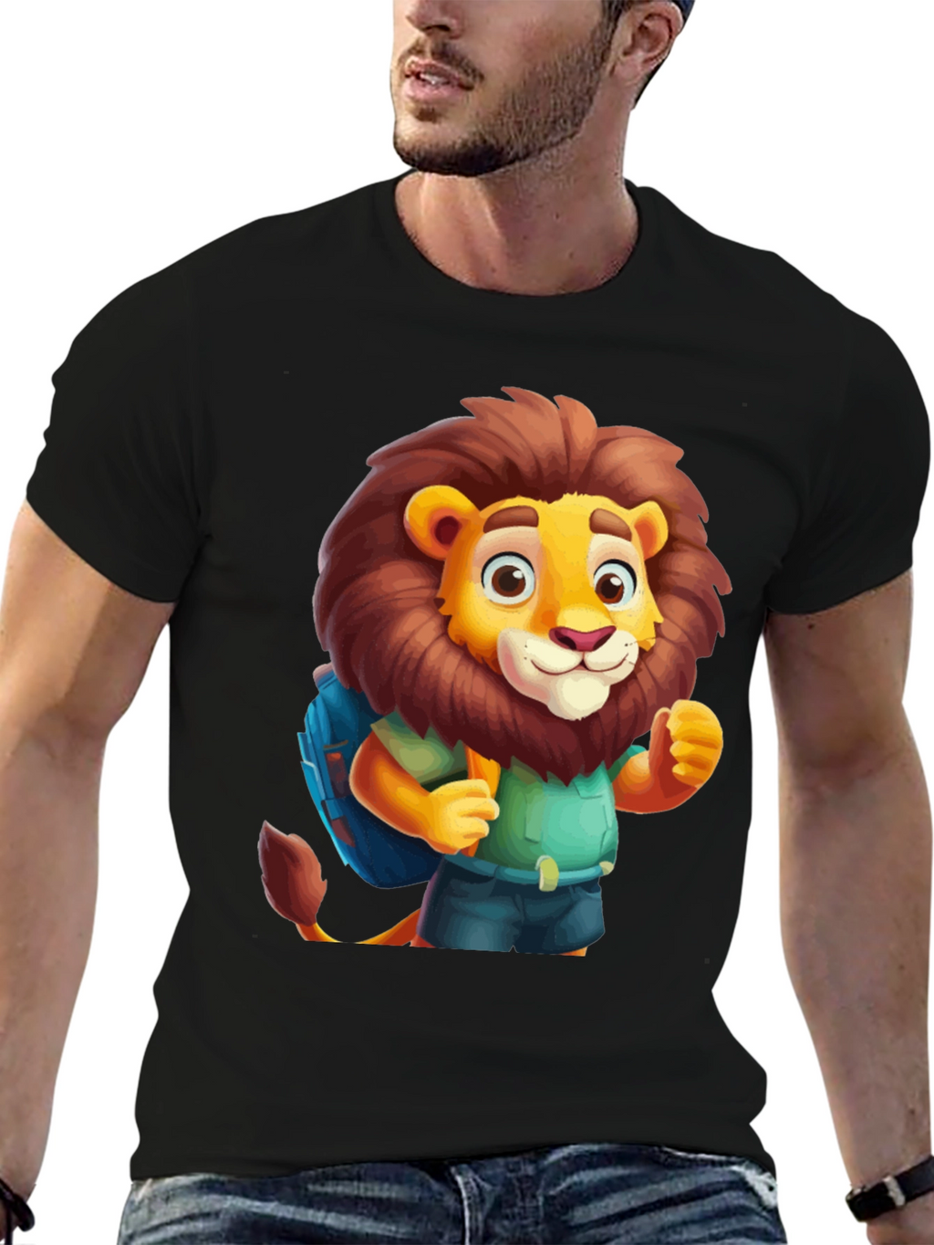 Cartoon Lion Tourist Black T-Shirt