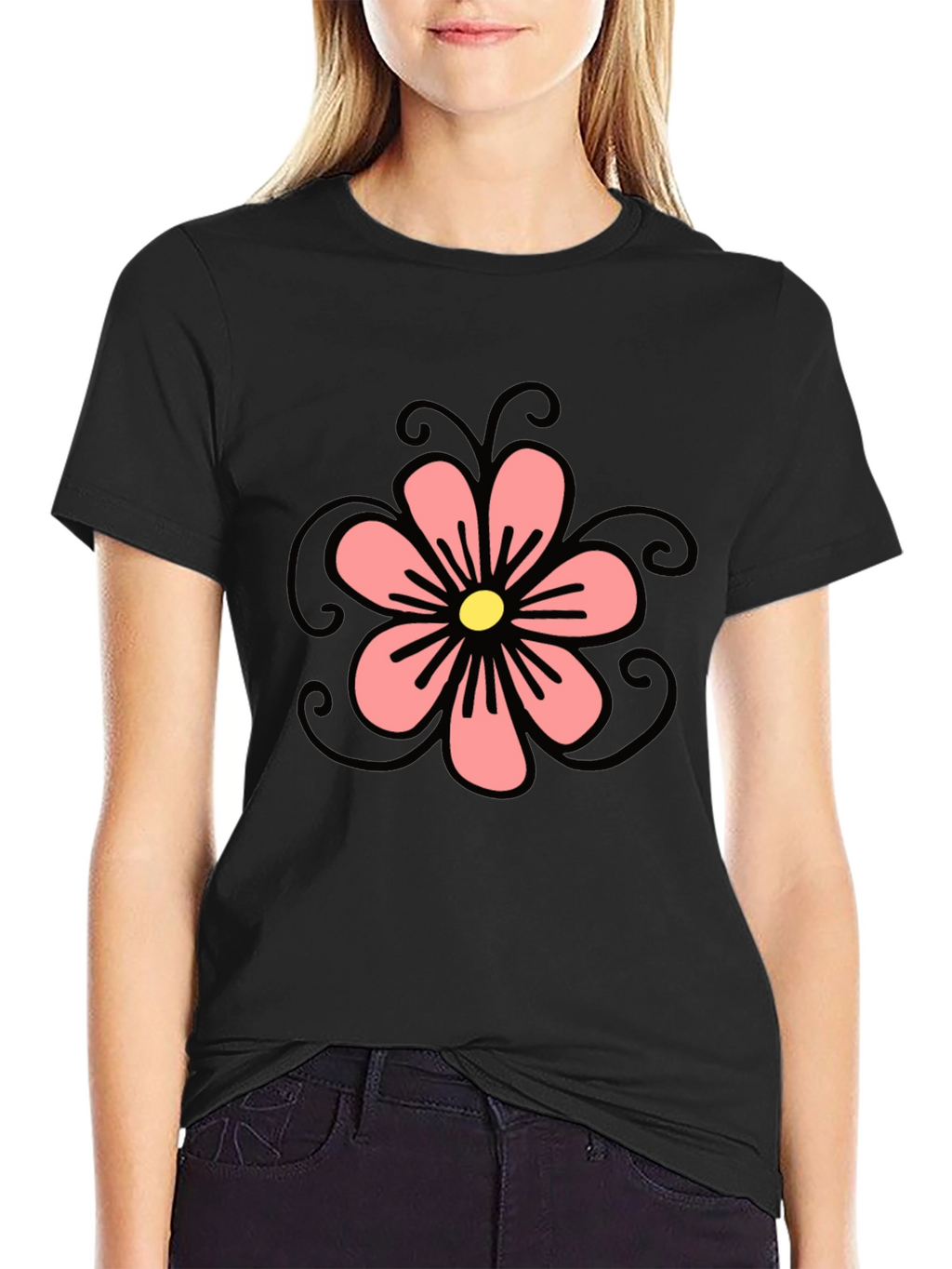 Black T-Shirt with Floral Design