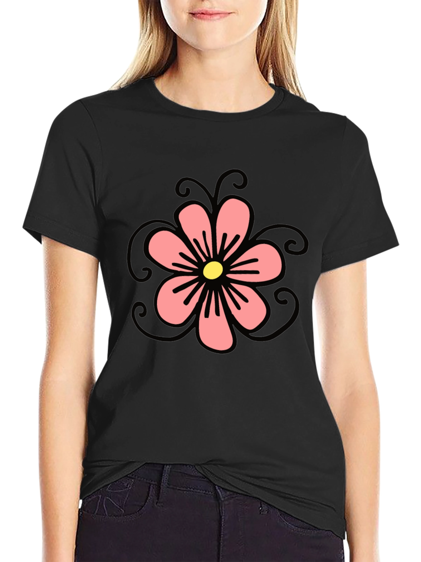 Black T-Shirt with Floral Design
