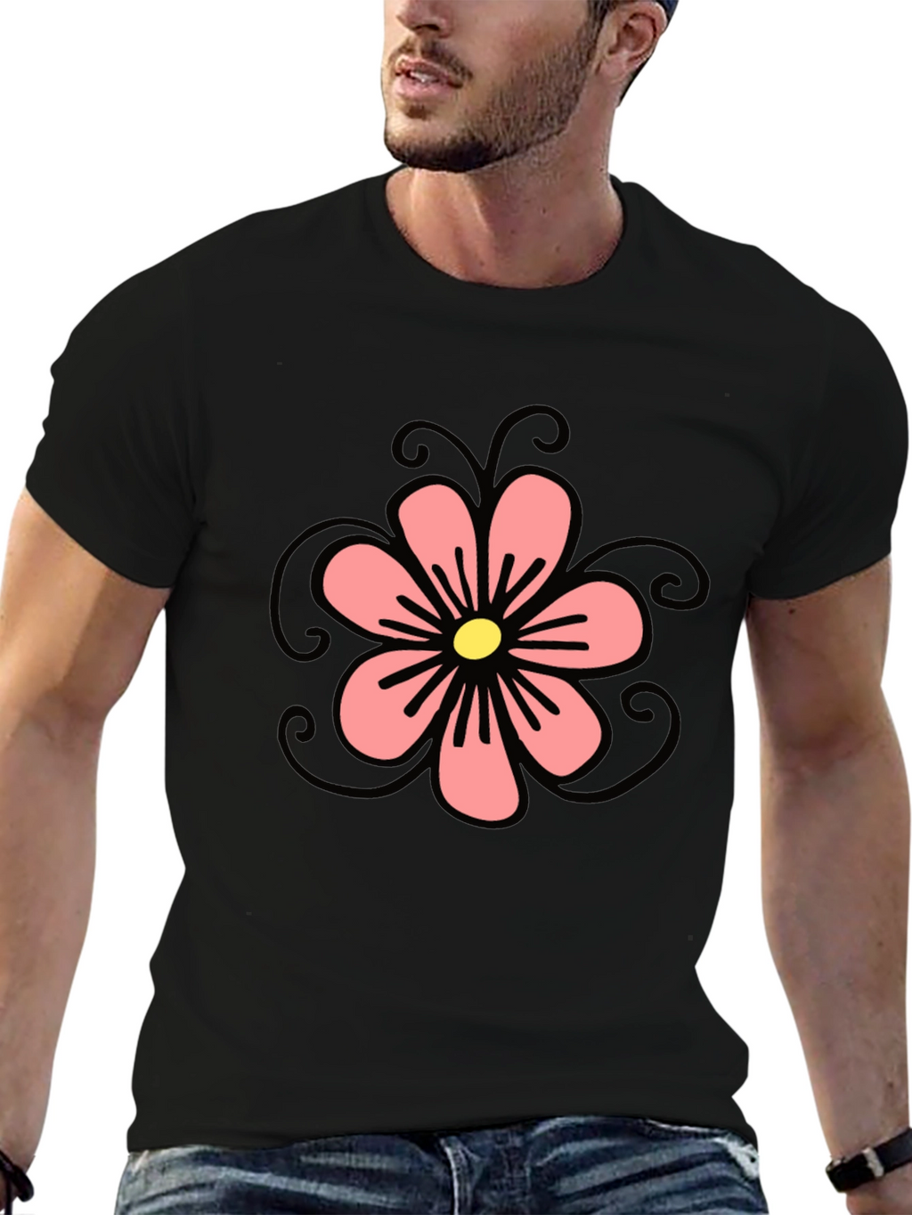 Black T-Shirt with Floral Design