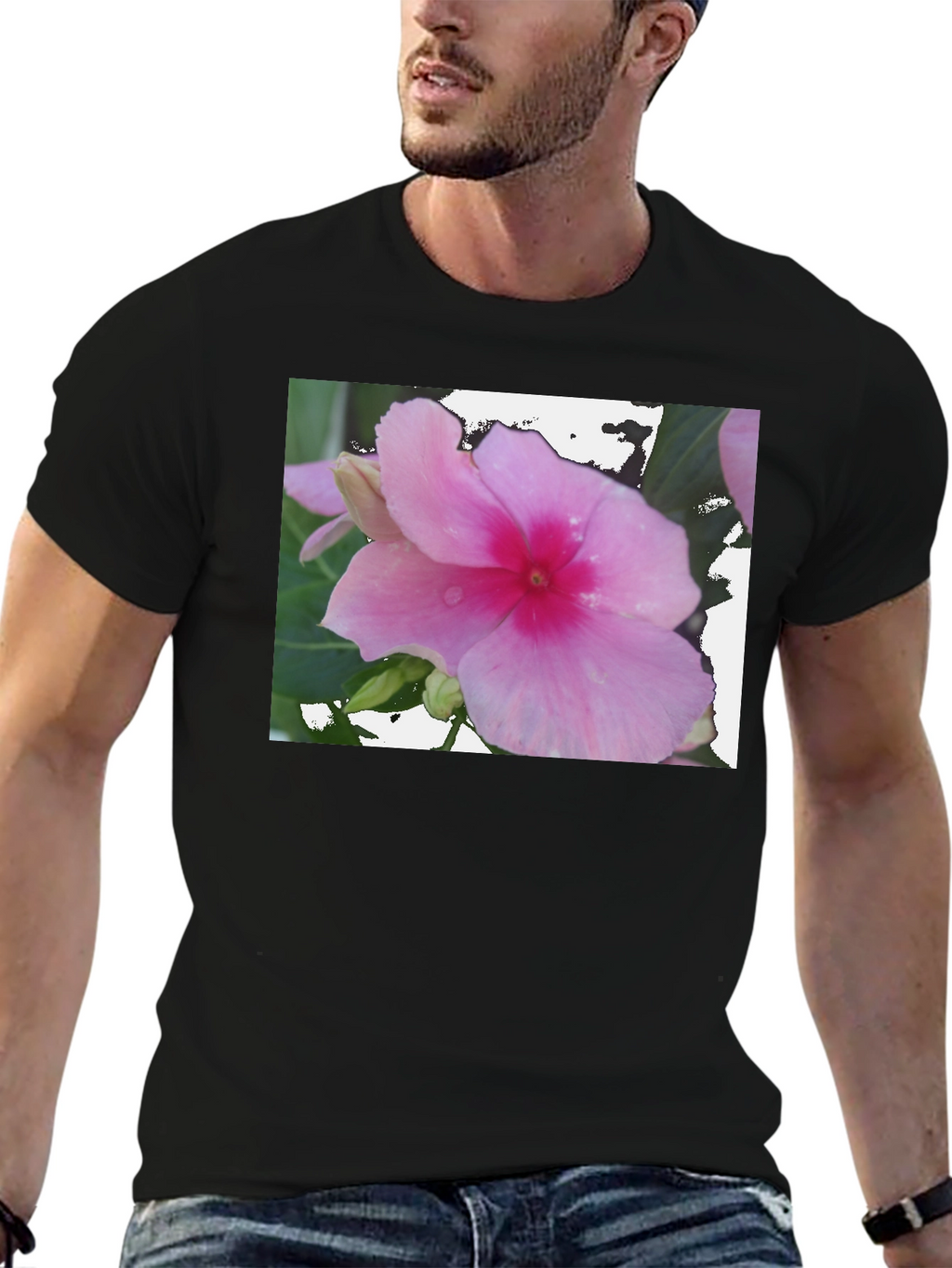 Pink Flower Graphic Black T-Shirt