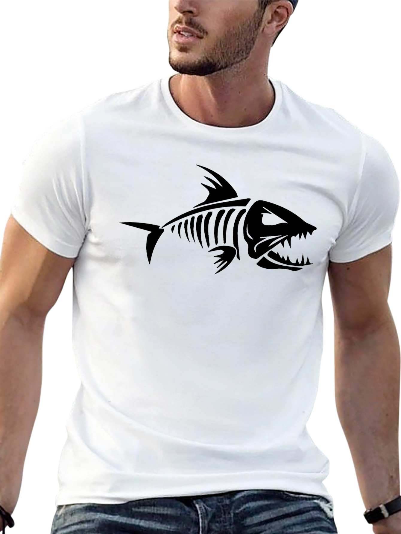 Mens Black Graphic Tee - Fish Skeleton Design