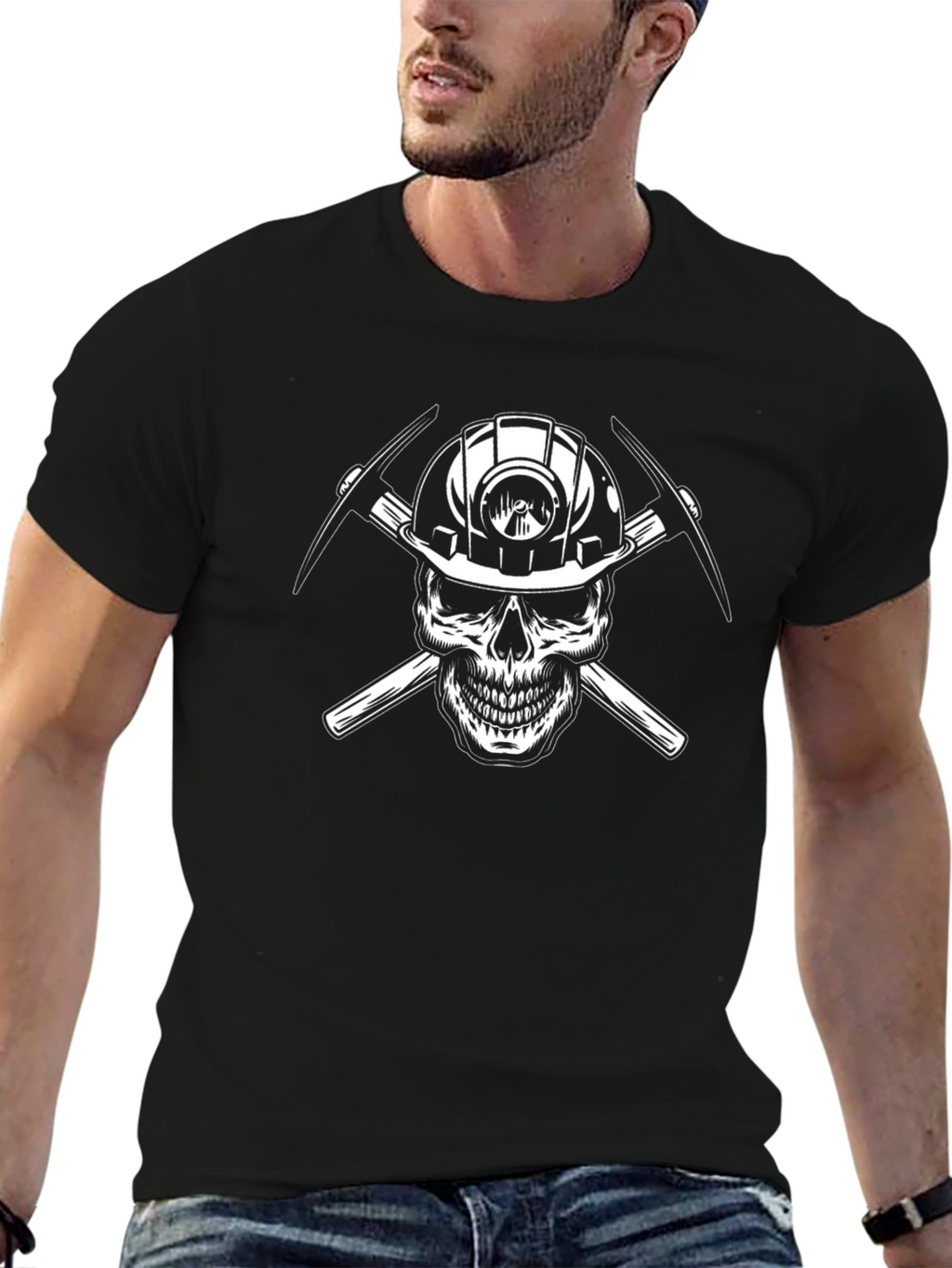 Miner Skull T-Shirt - Black Crew Neck Graphic Tee