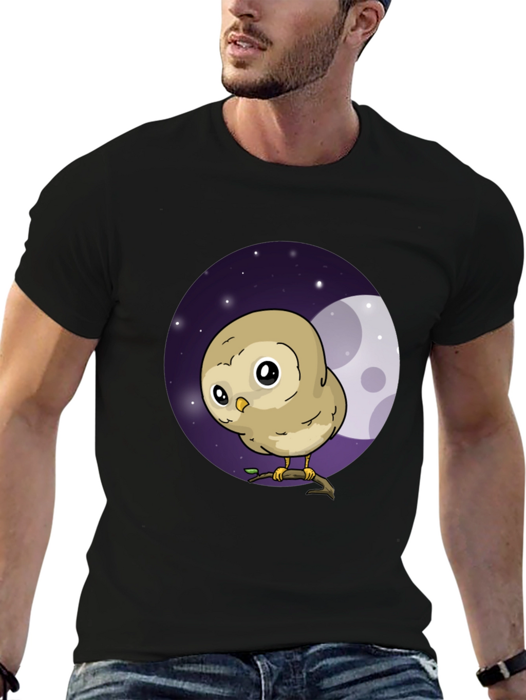 Cute Owl Moon Graphic Black T-Shirt