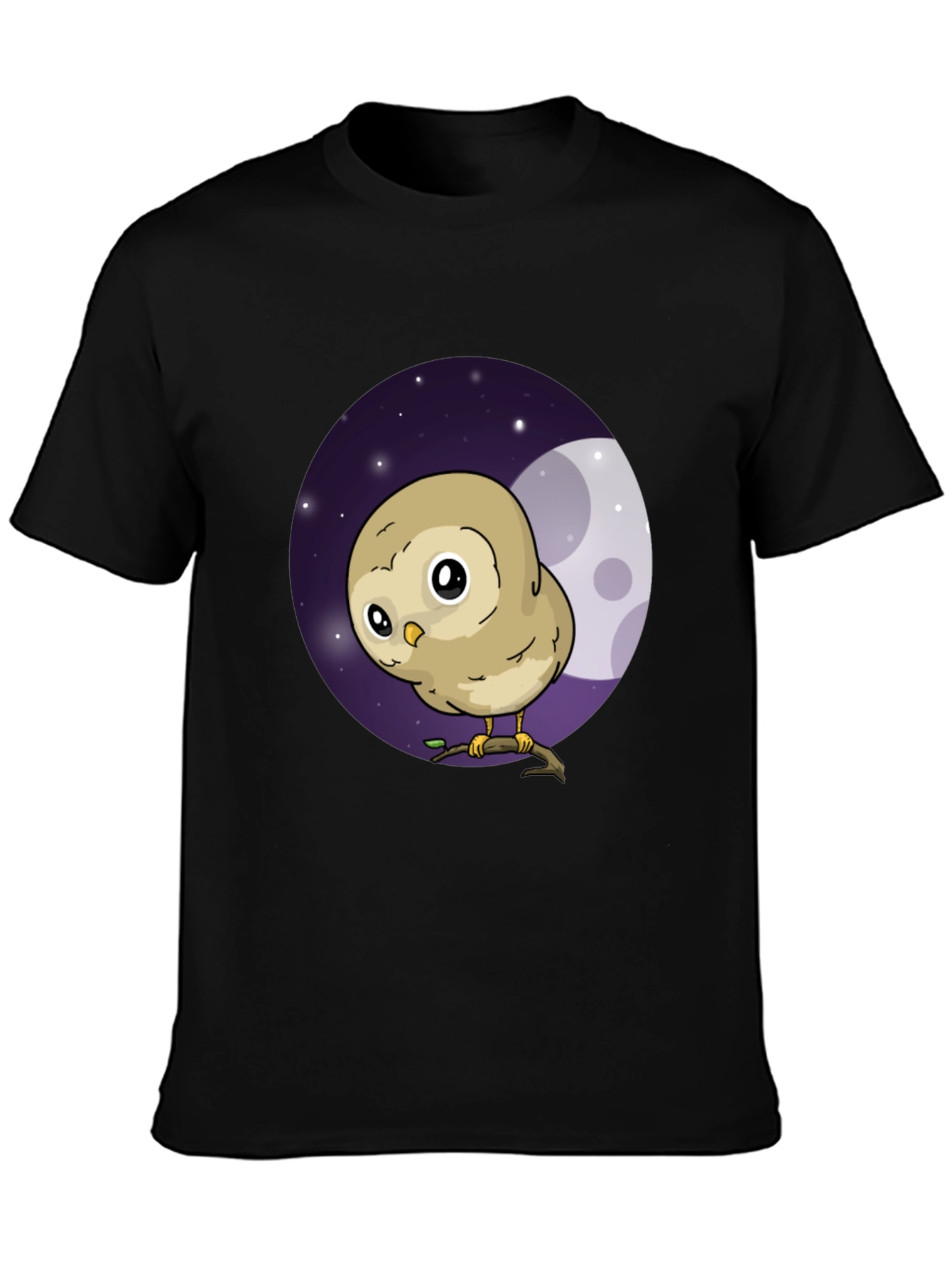 Cute Owl Moon Graphic Black T-Shirt