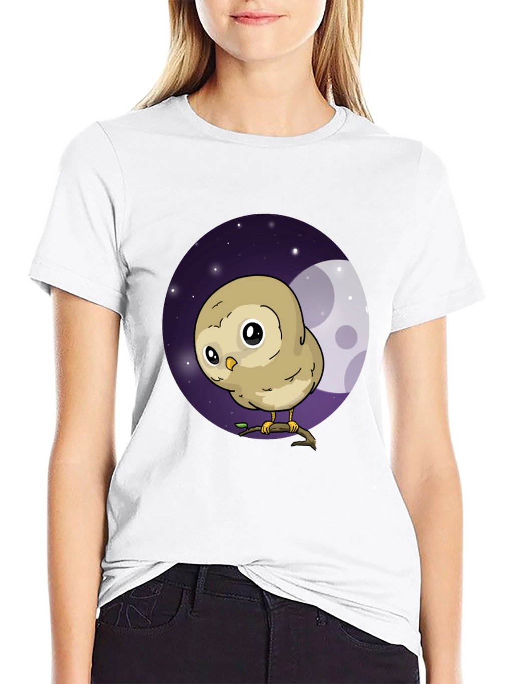 Cute Owl Moon Graphic Black T-Shirt
