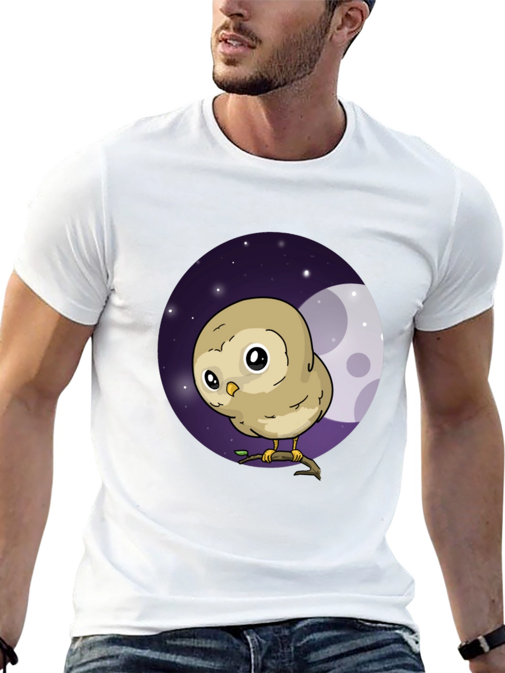 Cute Owl Moon Graphic Black T-Shirt