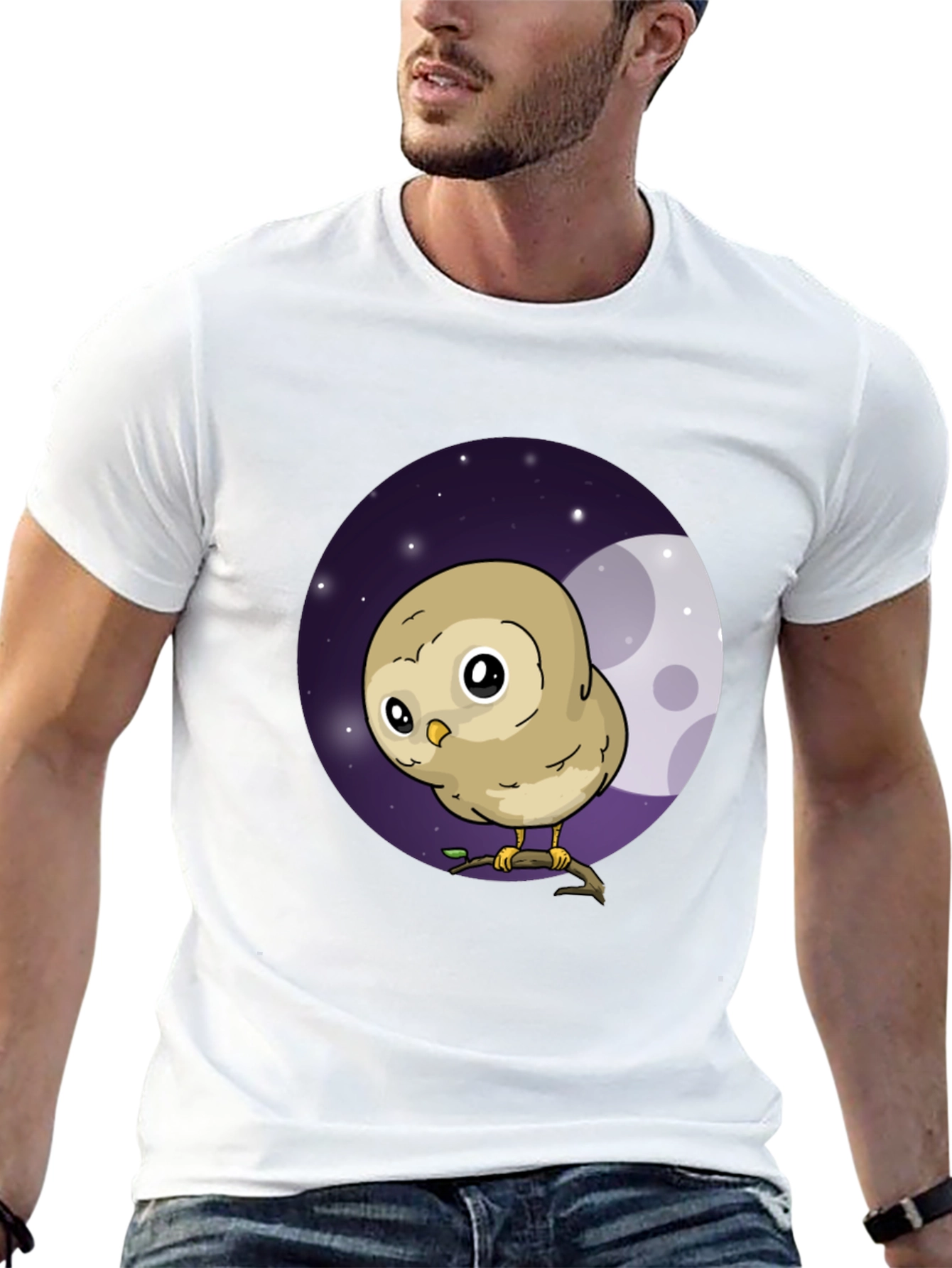 Cute Owl Moon Graphic Black T-Shirt