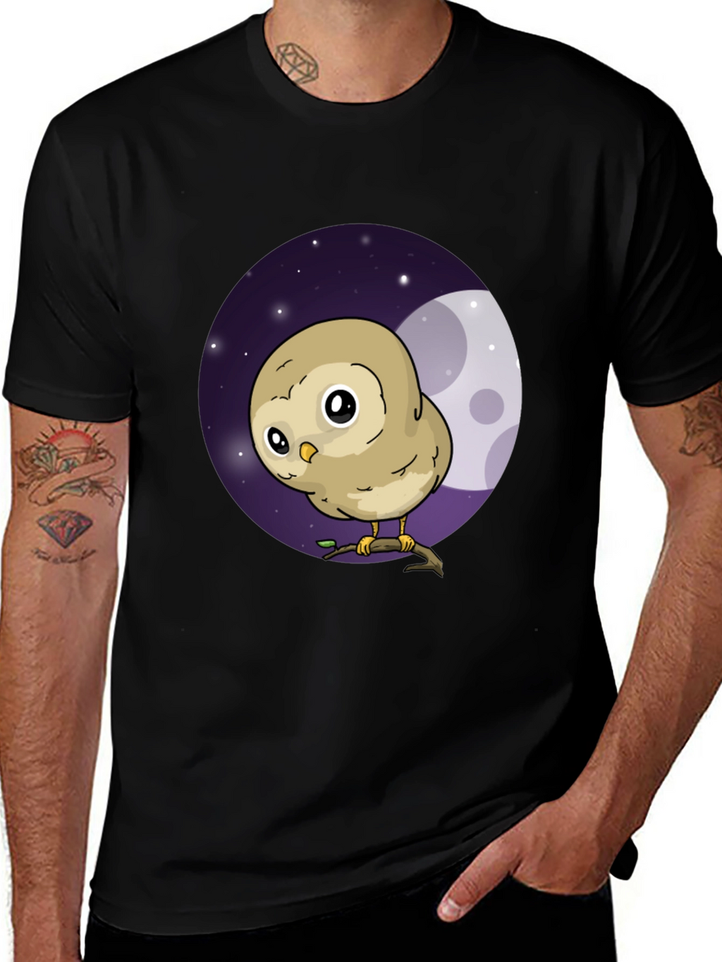 Cute Owl Moon Graphic Black T-Shirt