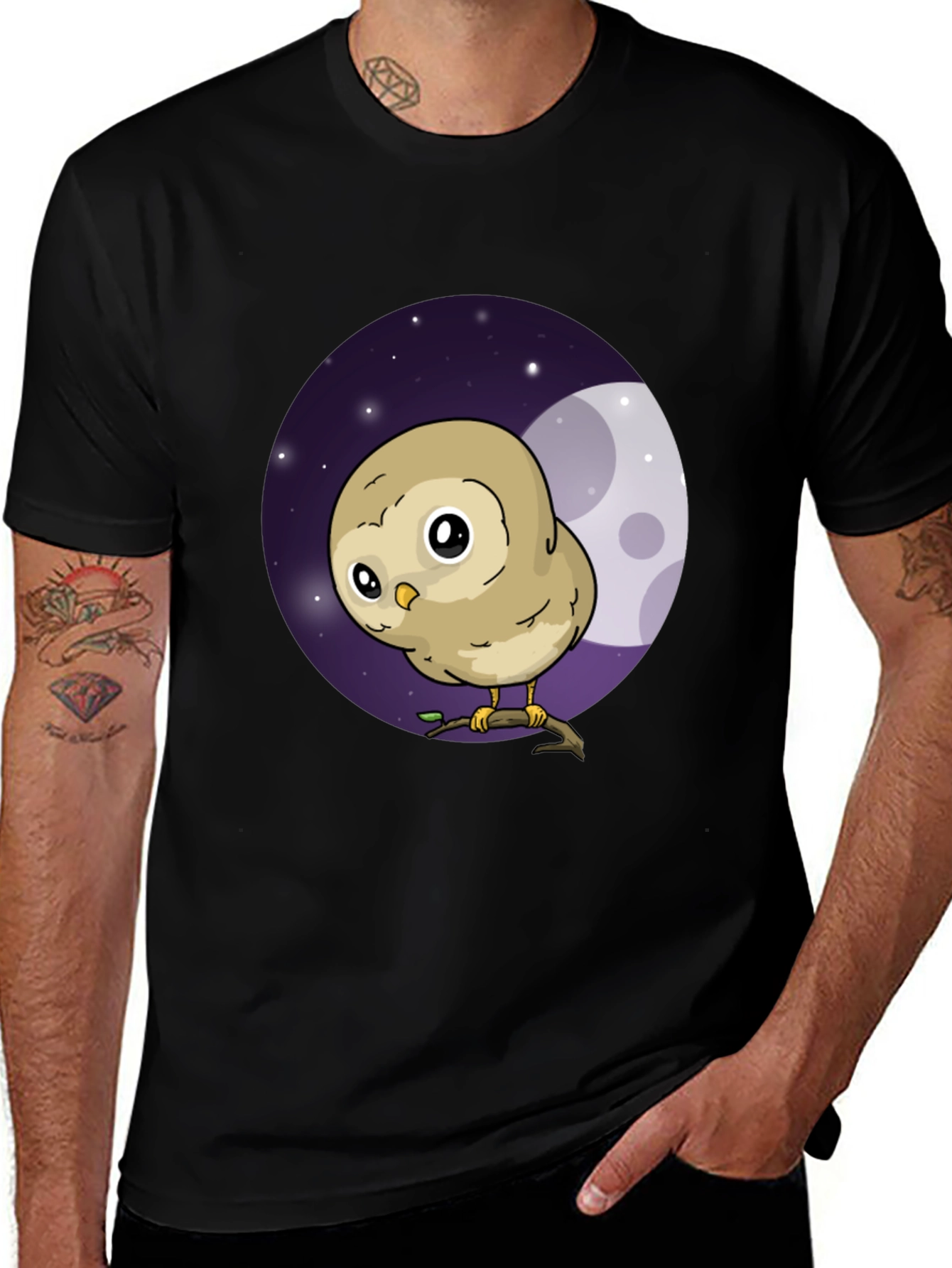 Cute Owl Moon Graphic Black T-Shirt