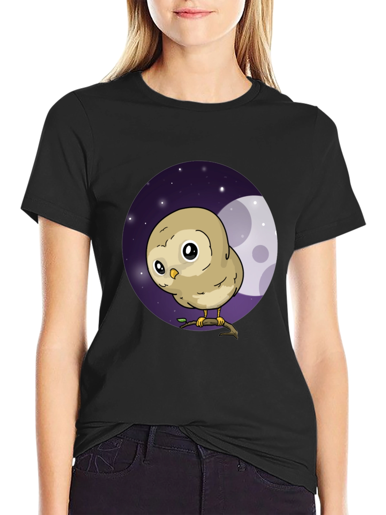 Cute Owl Moon Graphic Black T-Shirt