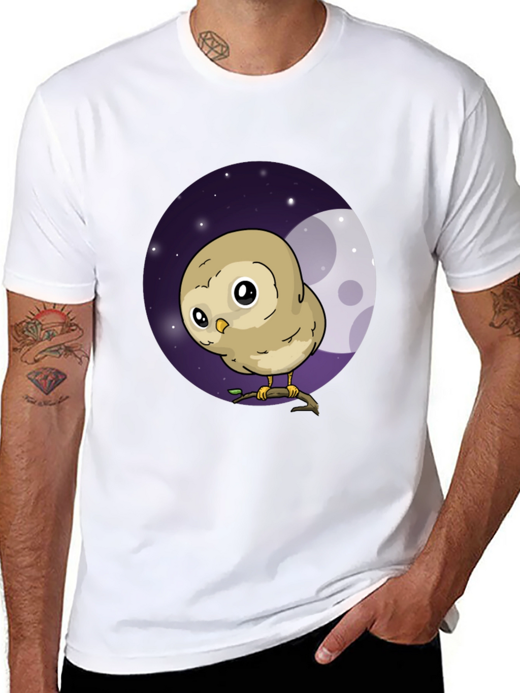 Cute Owl Moon Graphic Black T-Shirt