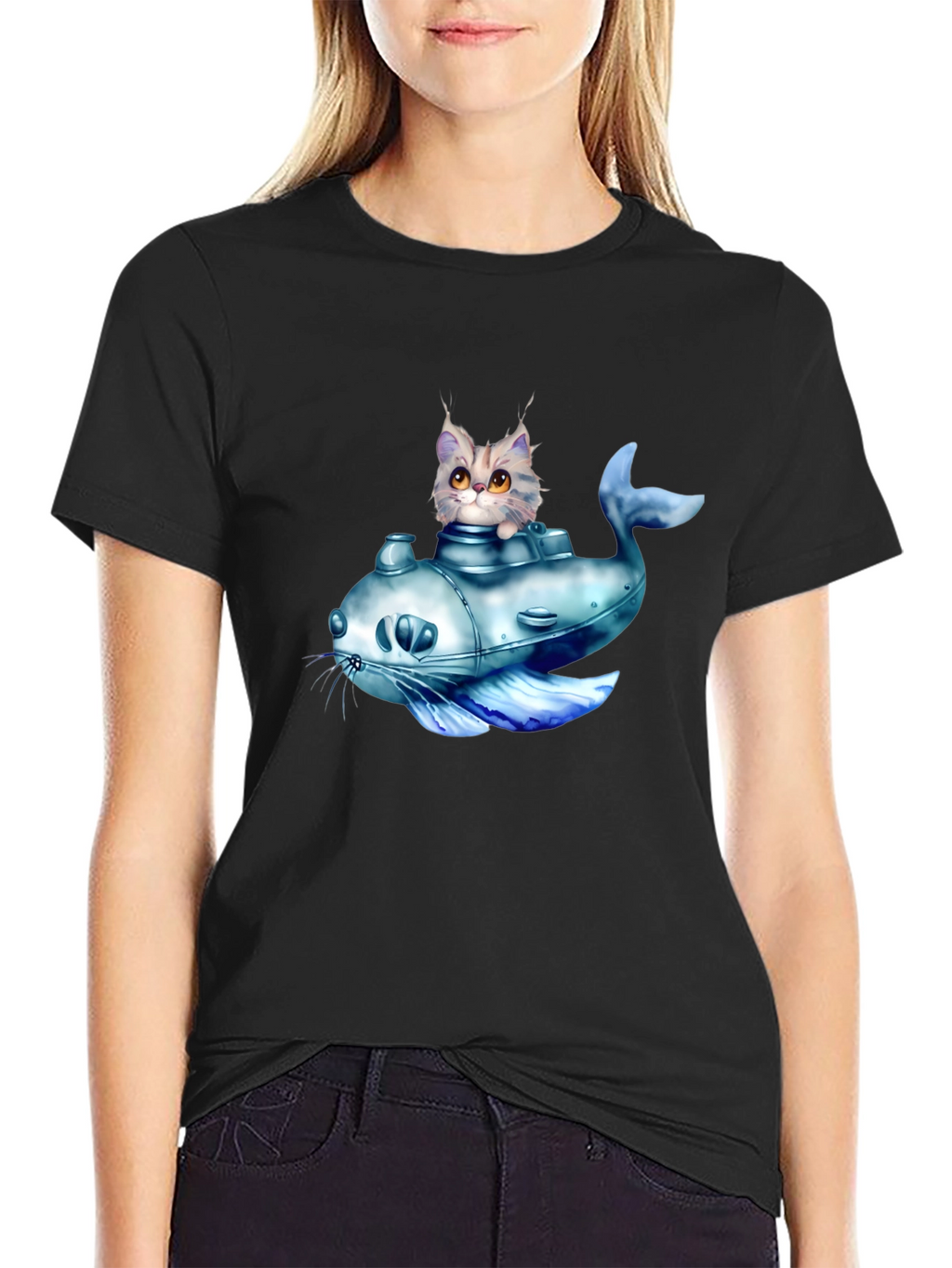 Cat Submarine Graphic T-Shirt - Black