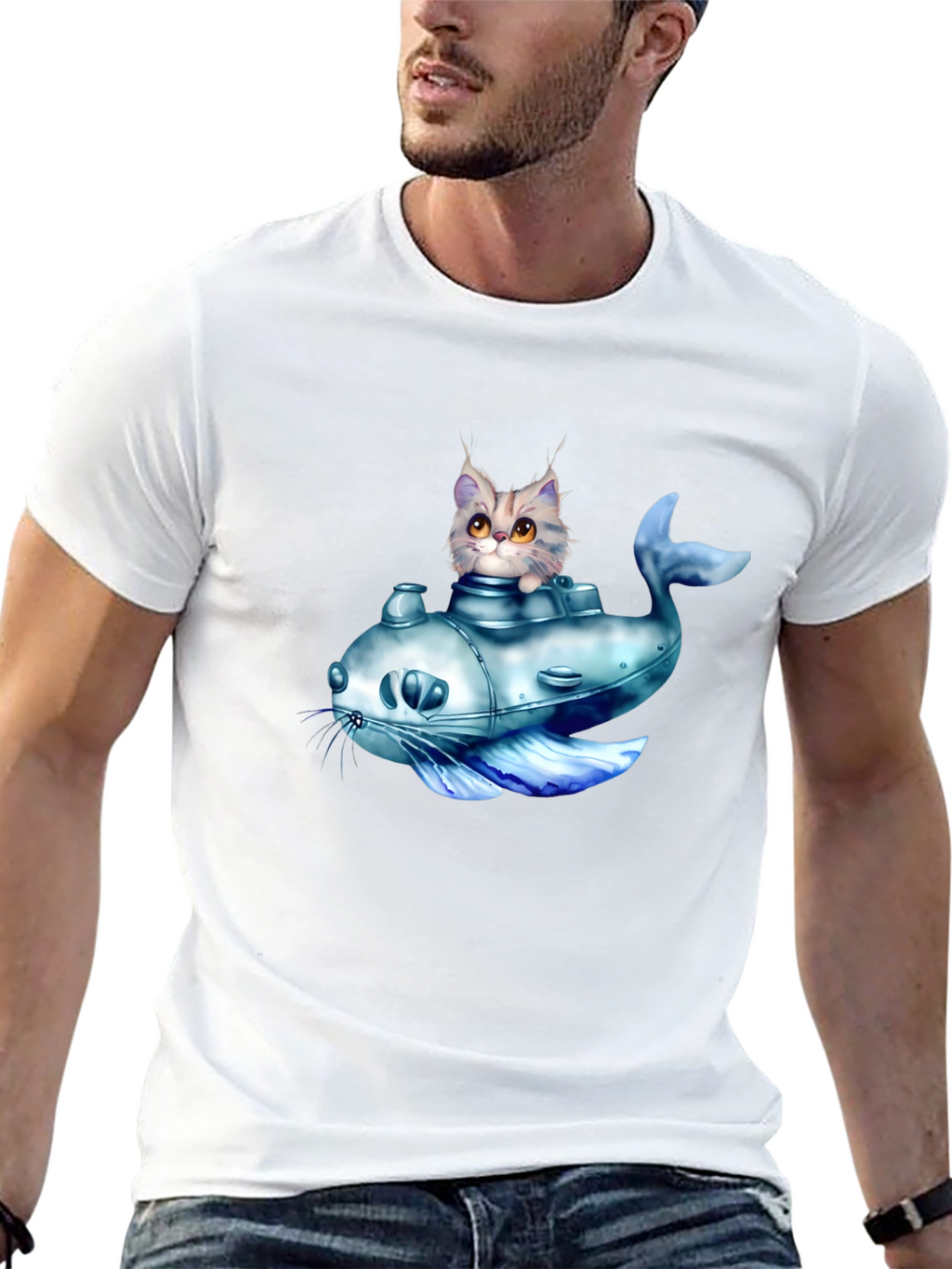 Cat Submarine Graphic T-Shirt - Black