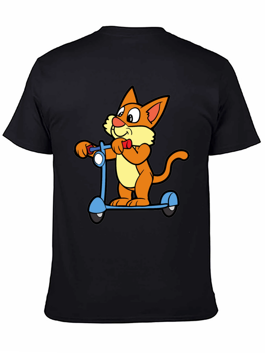 Cartoon Cat Riding Scooter Black T-Shirt