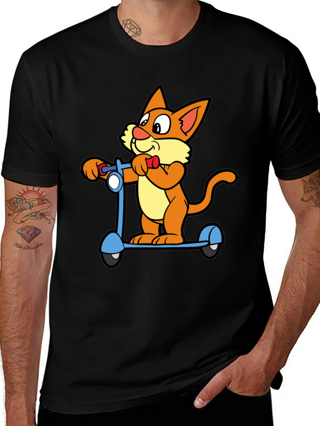 Cartoon Cat Riding Scooter Black T-Shirt