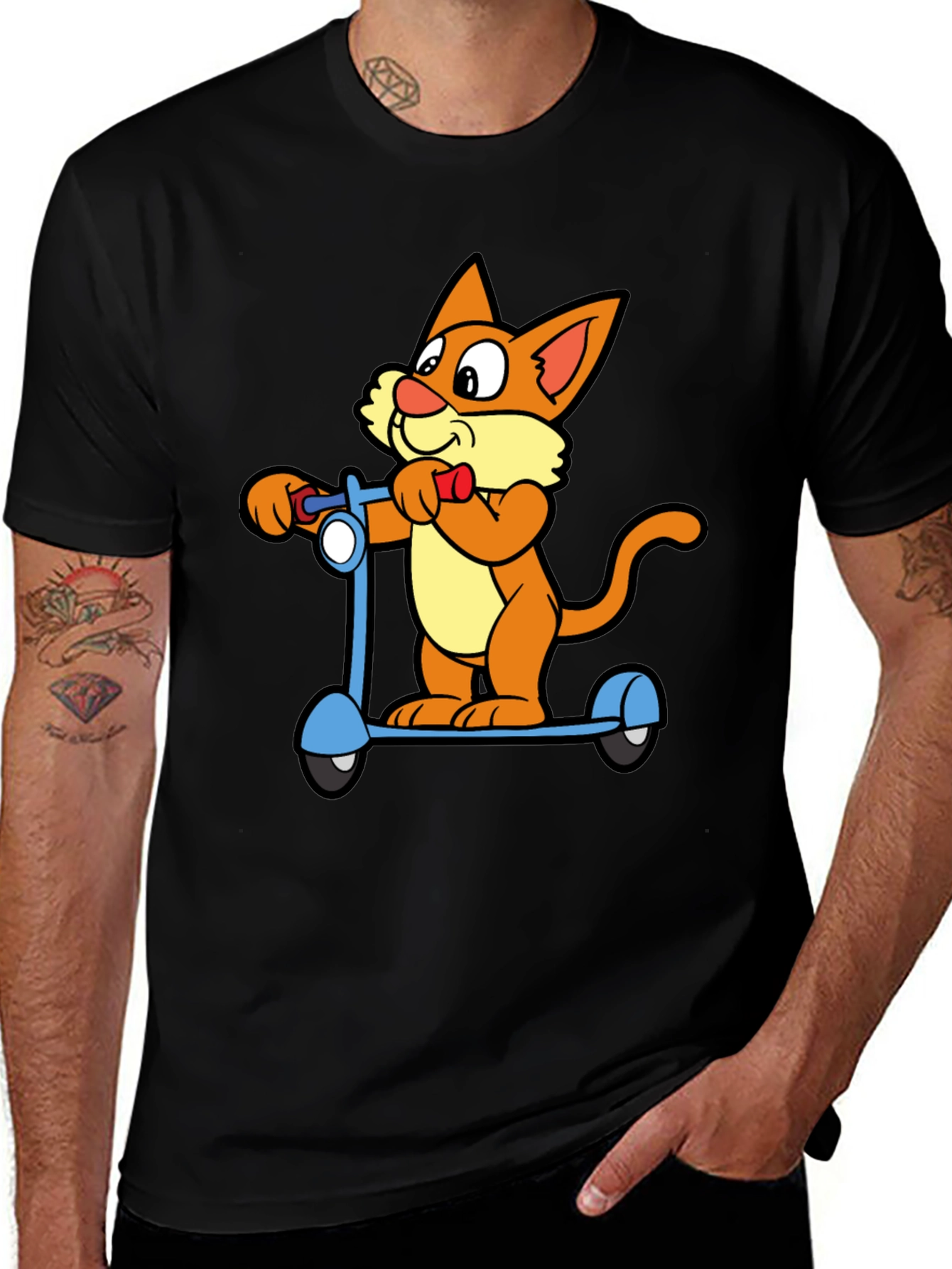 Cartoon Cat Riding Scooter Black T-Shirt