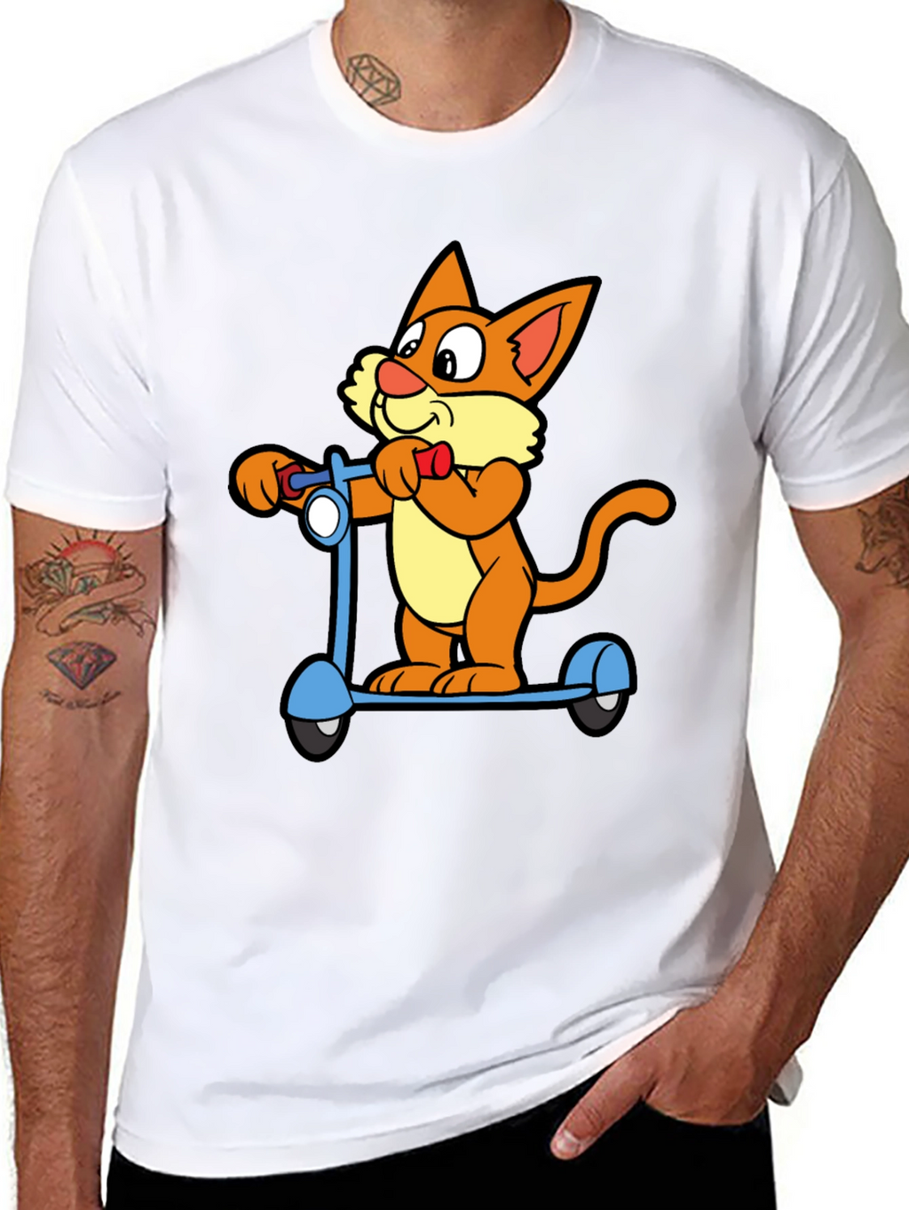 Cartoon Cat Riding Scooter Black T-Shirt