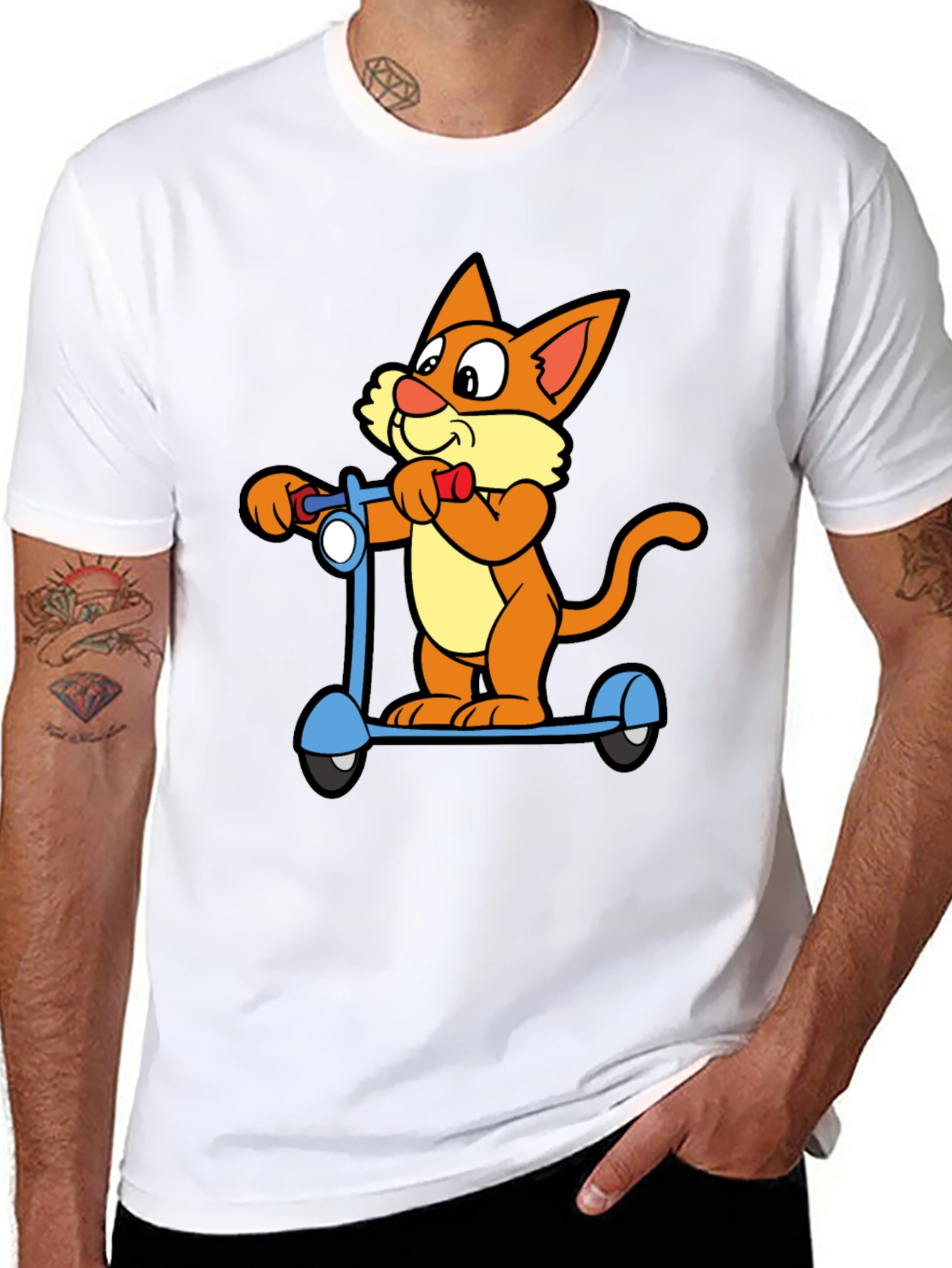 Cartoon Cat Riding Scooter Black T-Shirt