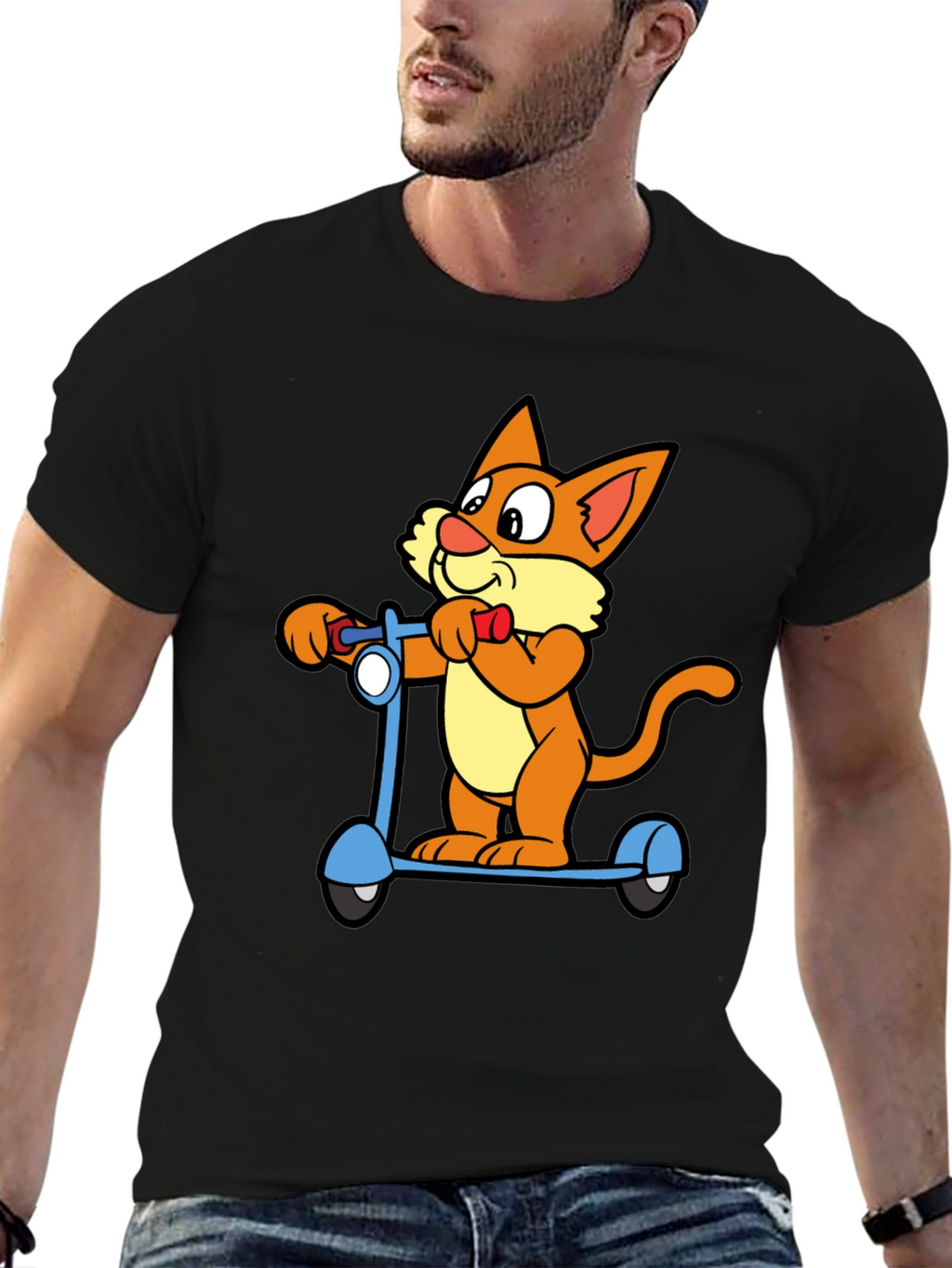 Cartoon Cat Riding Scooter Black T-Shirt