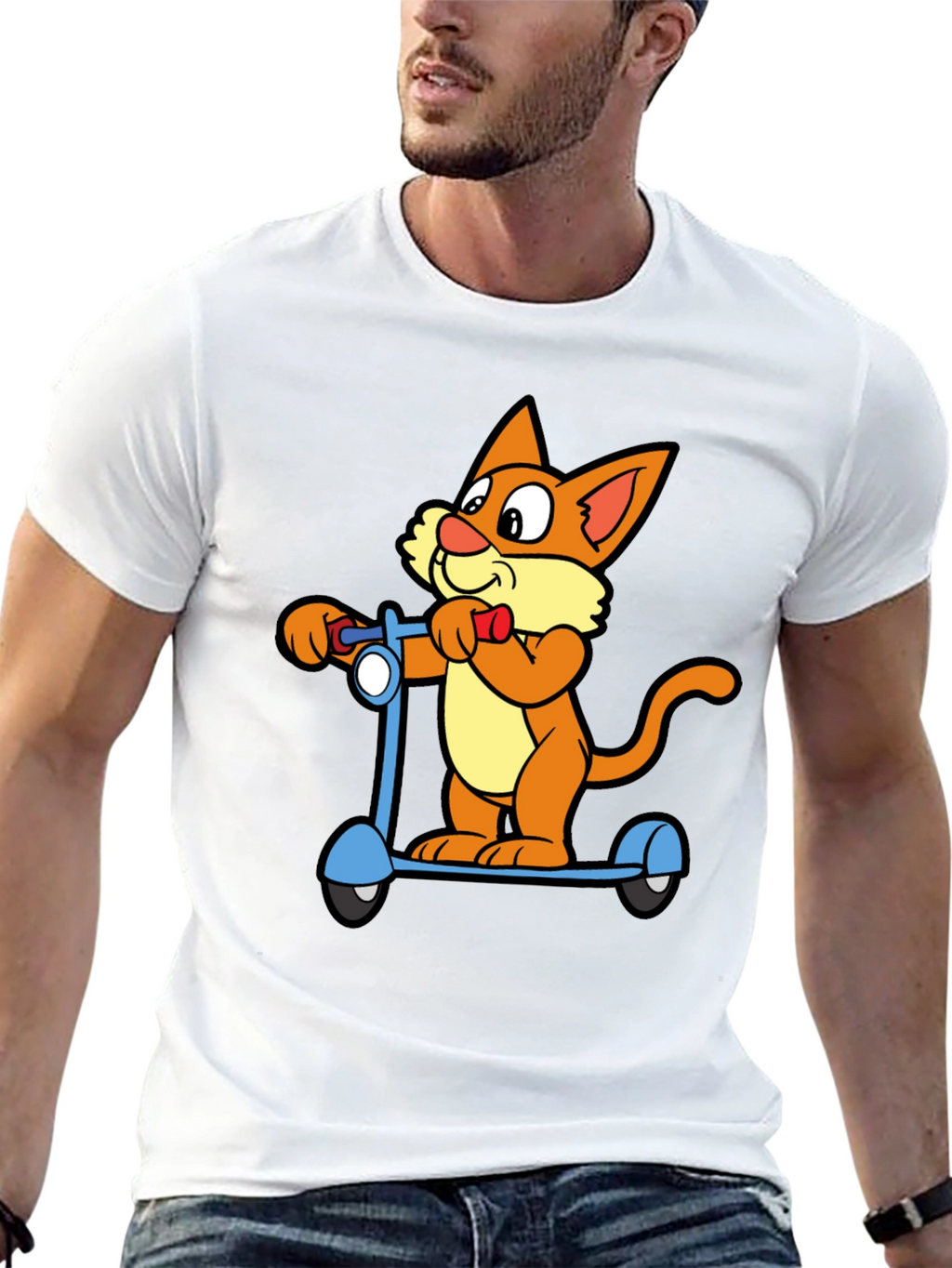 Cartoon Cat Riding Scooter Black T-Shirt