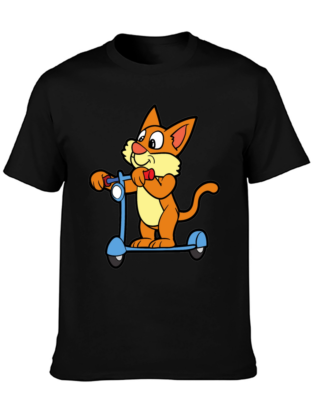 Cartoon Cat Riding Scooter Black T-Shirt