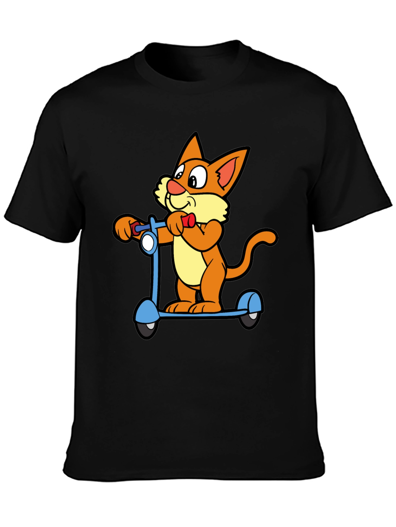 Cartoon Cat Riding Scooter Black T-Shirt