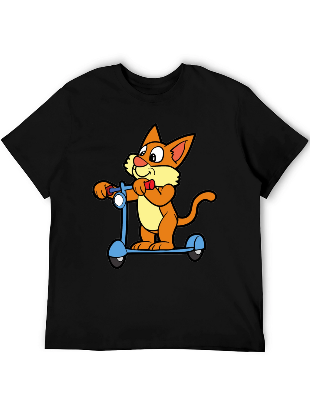 Cartoon Cat Riding Scooter Black T-Shirt